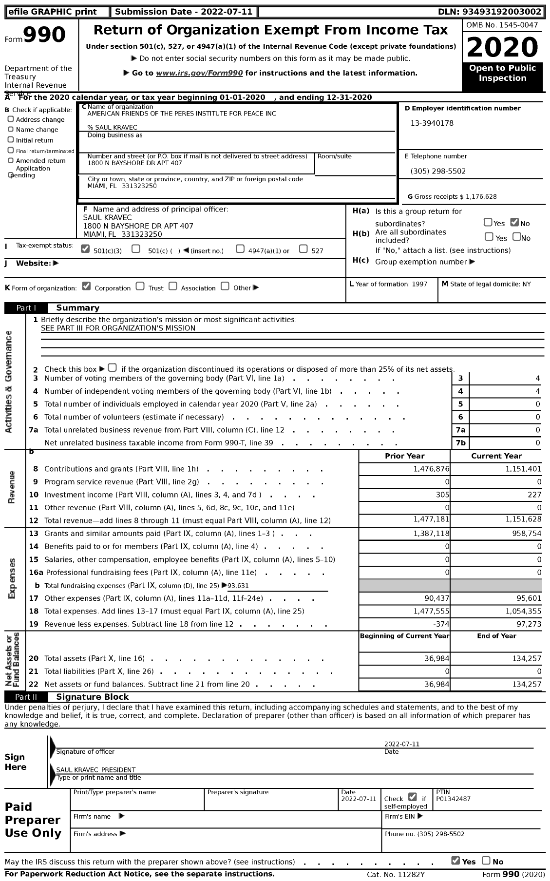 Image of first page of 2020 Form 990 for American Friends of the Peres Institute for Peace