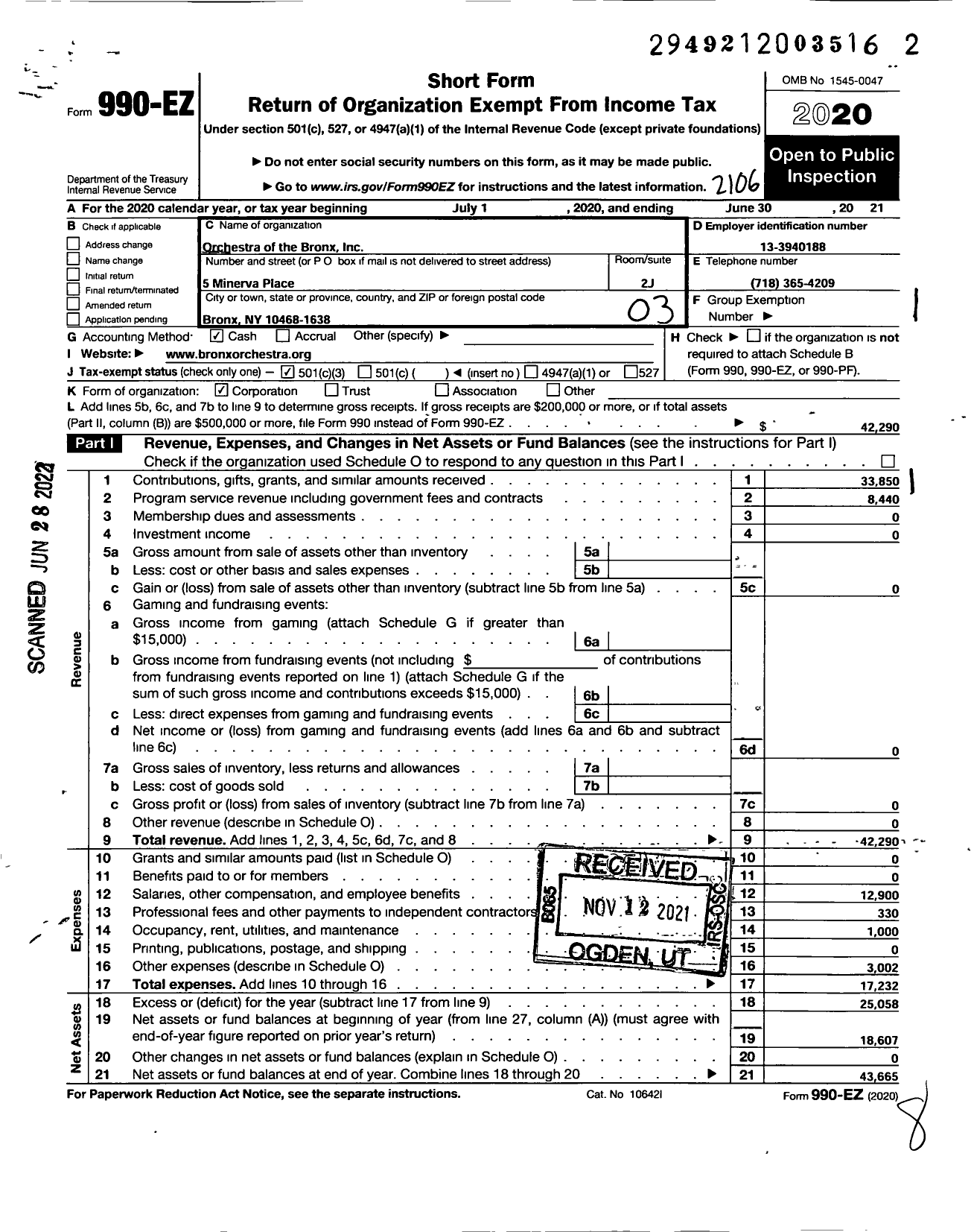 Image of first page of 2020 Form 990EZ for The Orchestra of the Bronx