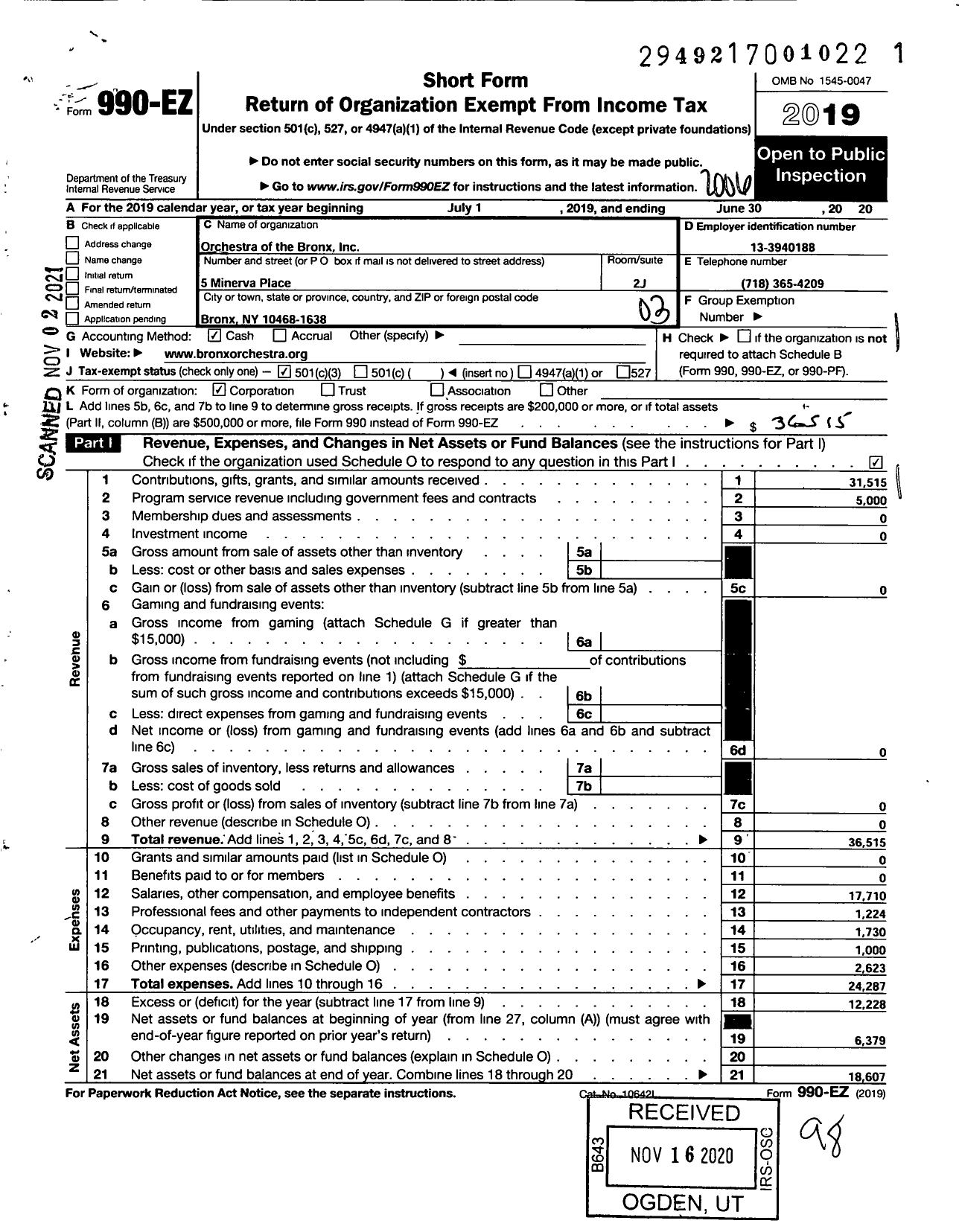 Image of first page of 2019 Form 990EZ for The Orchestra of the Bronx