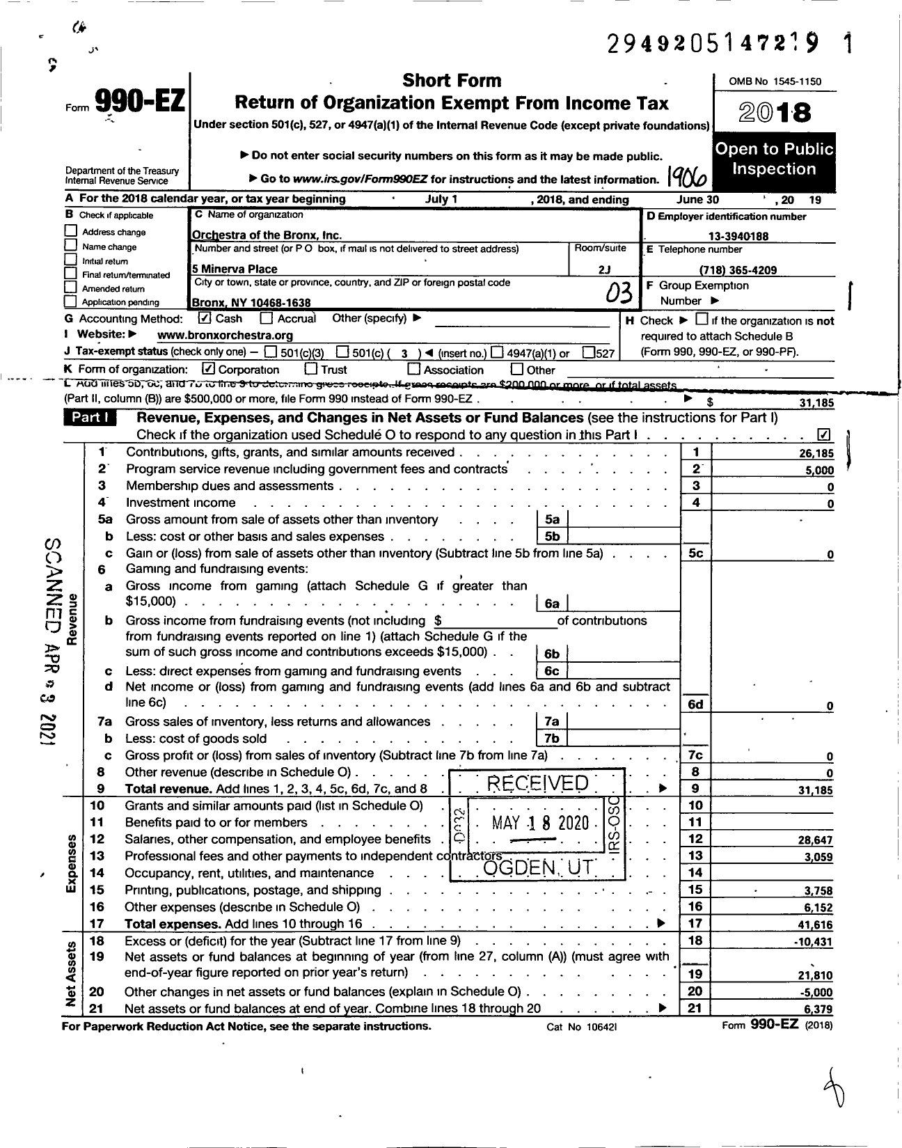 Image of first page of 2018 Form 990EZ for The Orchestra of the Bronx