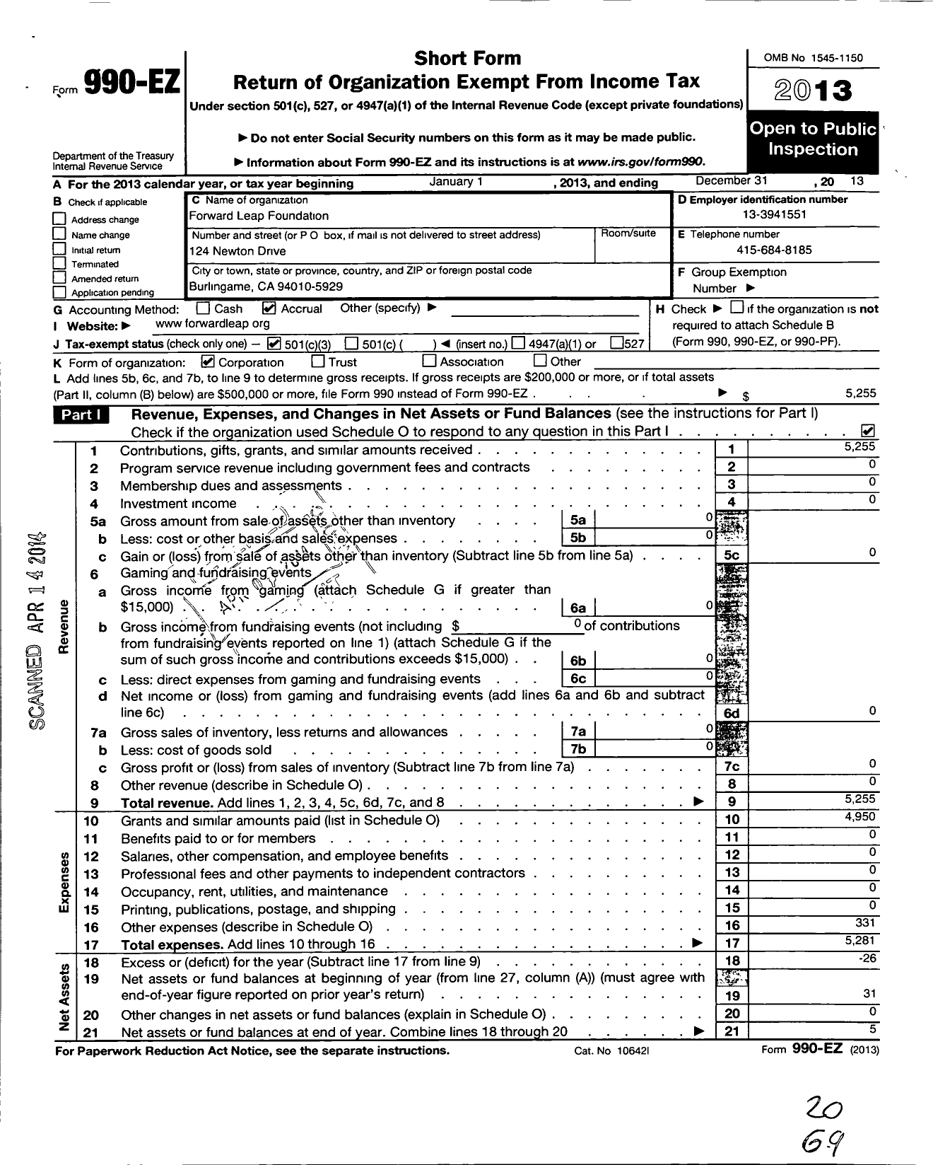 Image of first page of 2013 Form 990EZ for Forward Leap Foundation