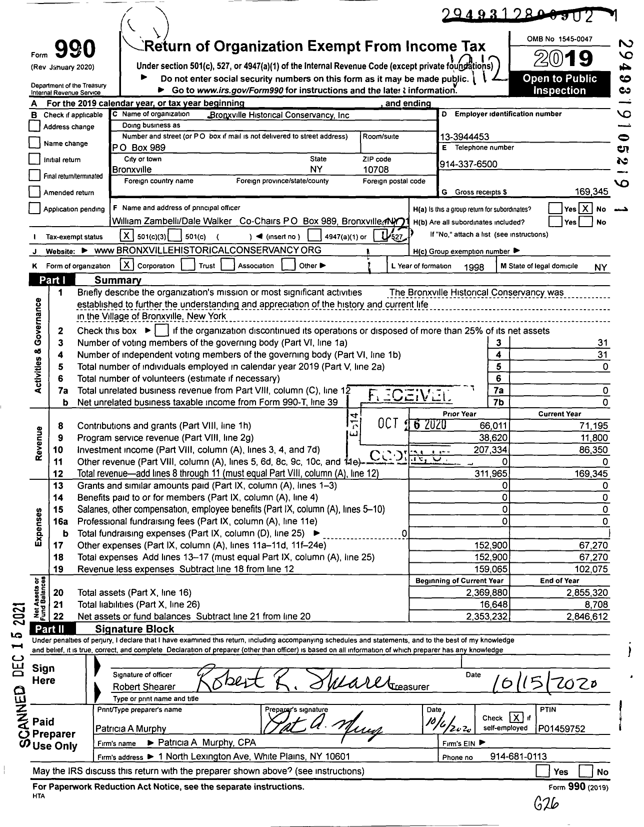 Image of first page of 2019 Form 990 for Bronxville Historical Conservancy