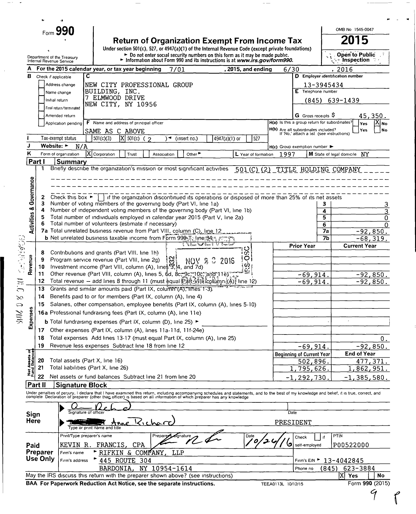 Image of first page of 2015 Form 990O for New City Professional Group Building