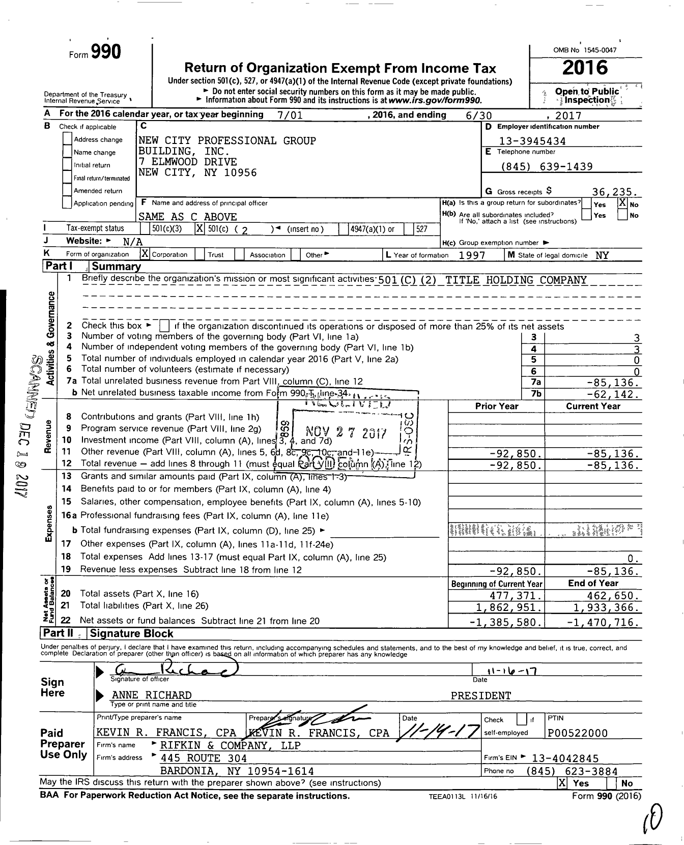 Image of first page of 2016 Form 990O for New City Professional Group Building