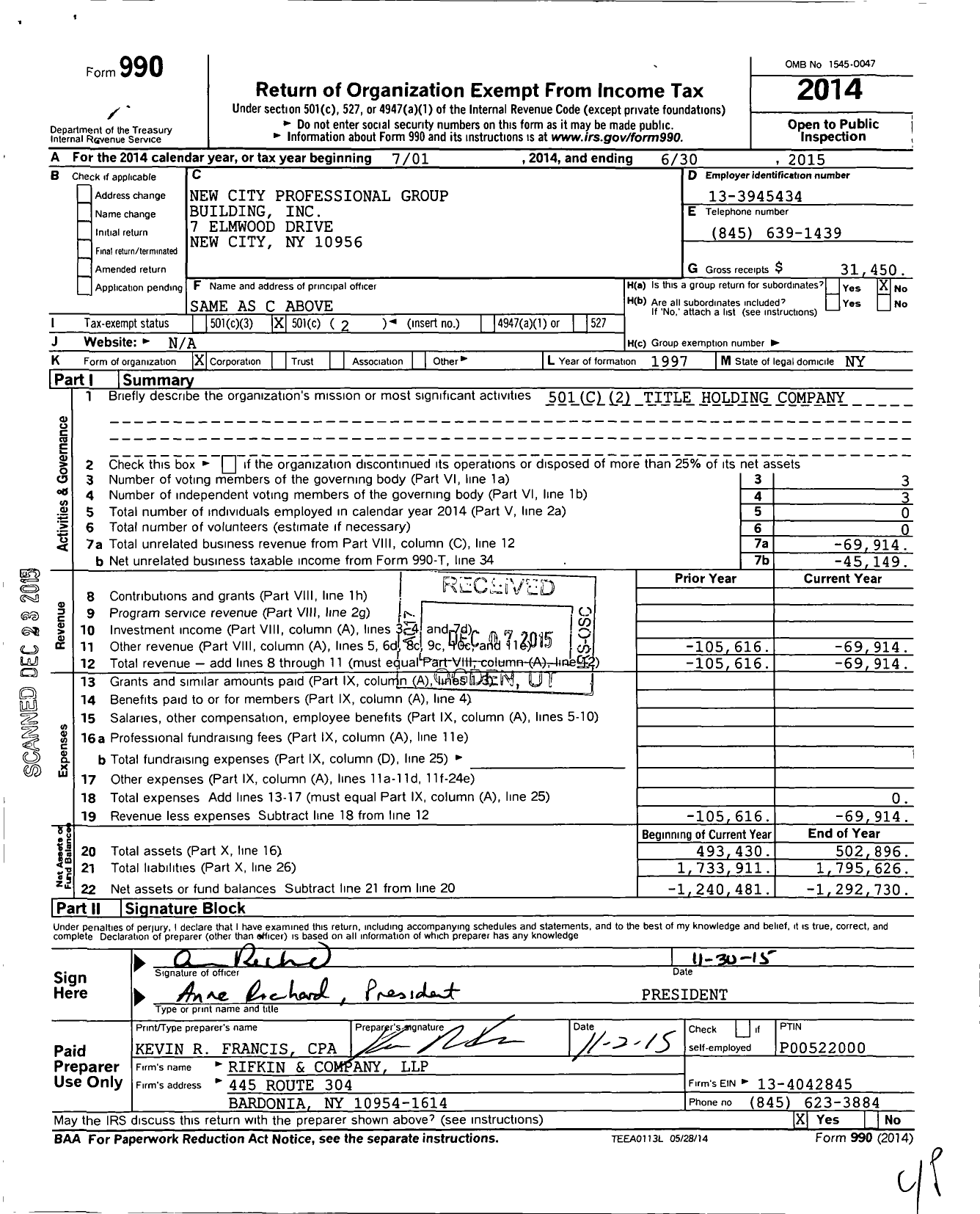 Image of first page of 2014 Form 990O for New City Professional Group Building