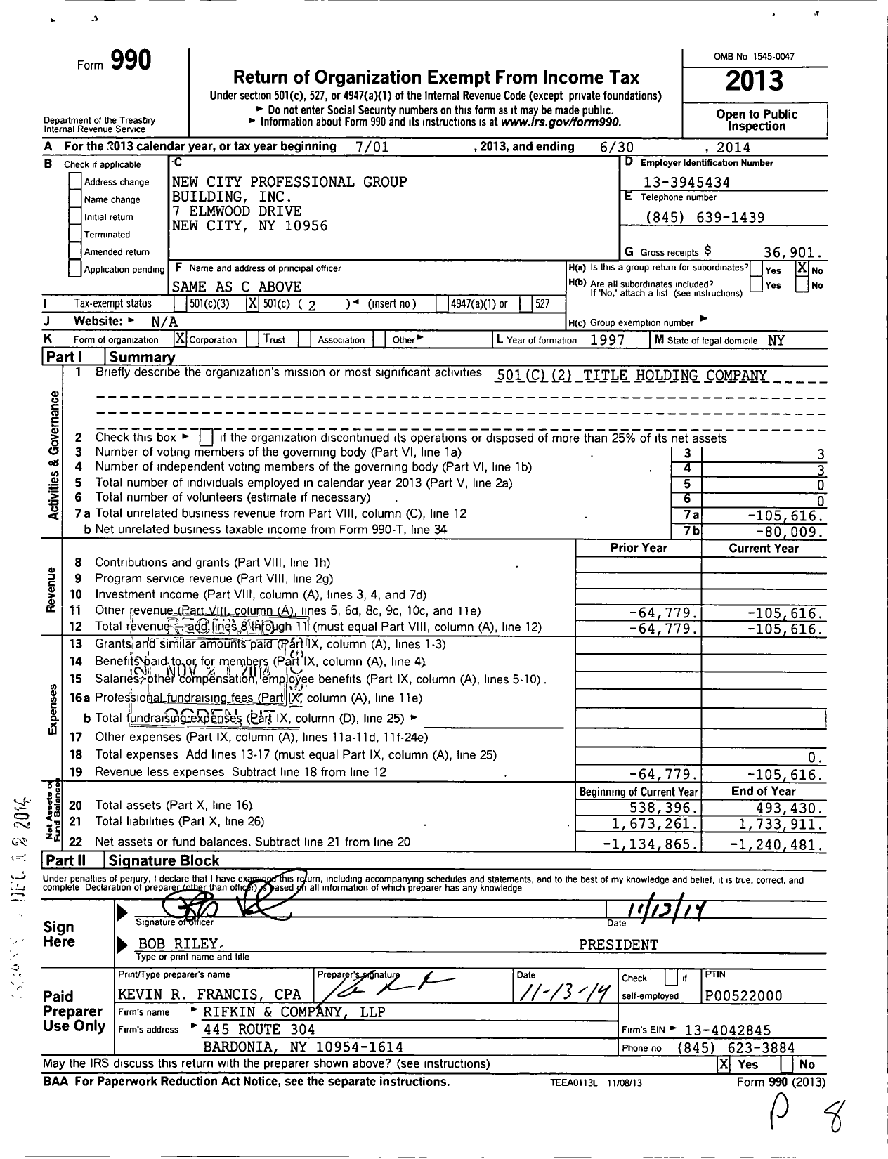 Image of first page of 2013 Form 990O for New City Professional Group Building