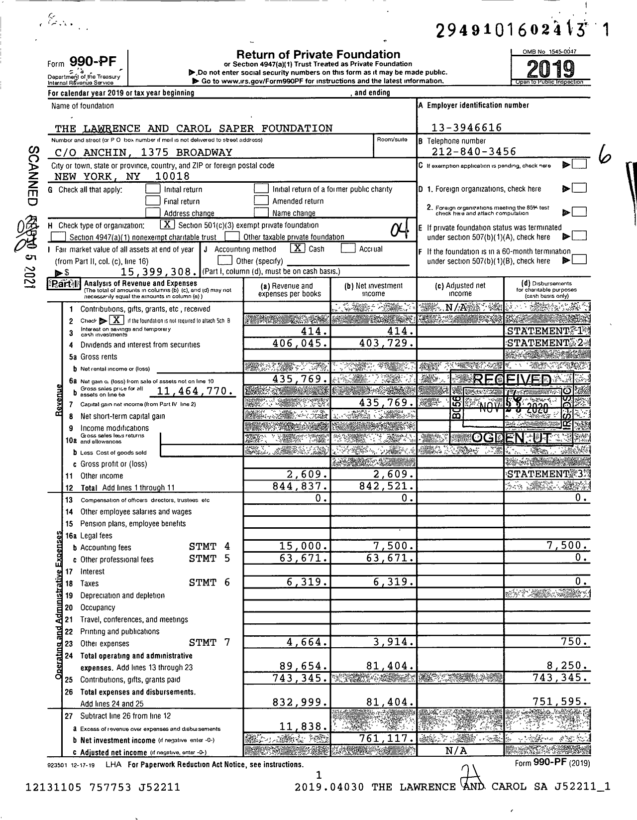 Image of first page of 2019 Form 990PF for The Lawrence and Carol Saper Foundation