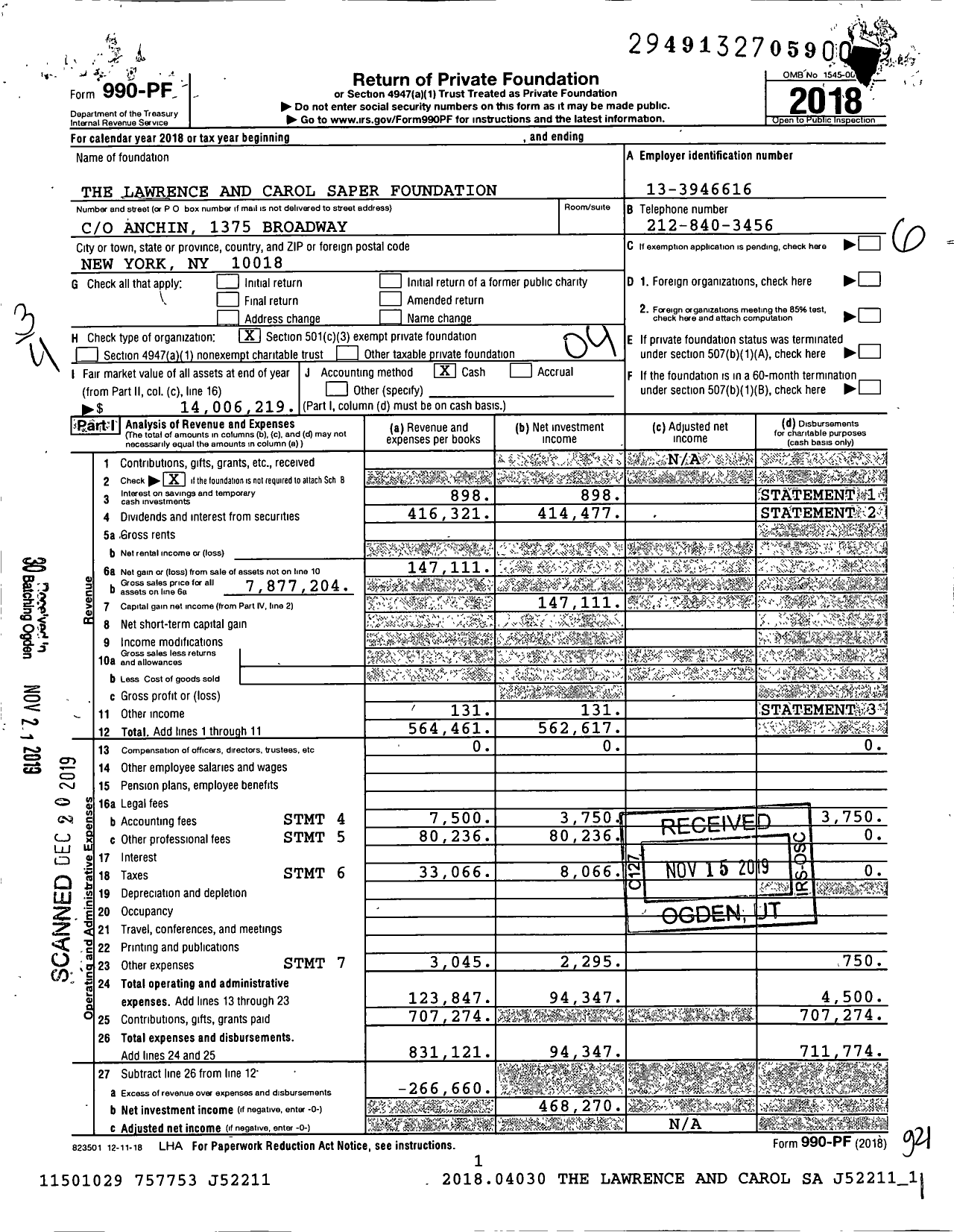 Image of first page of 2018 Form 990PF for The Lawrence and Carol Saper Foundation