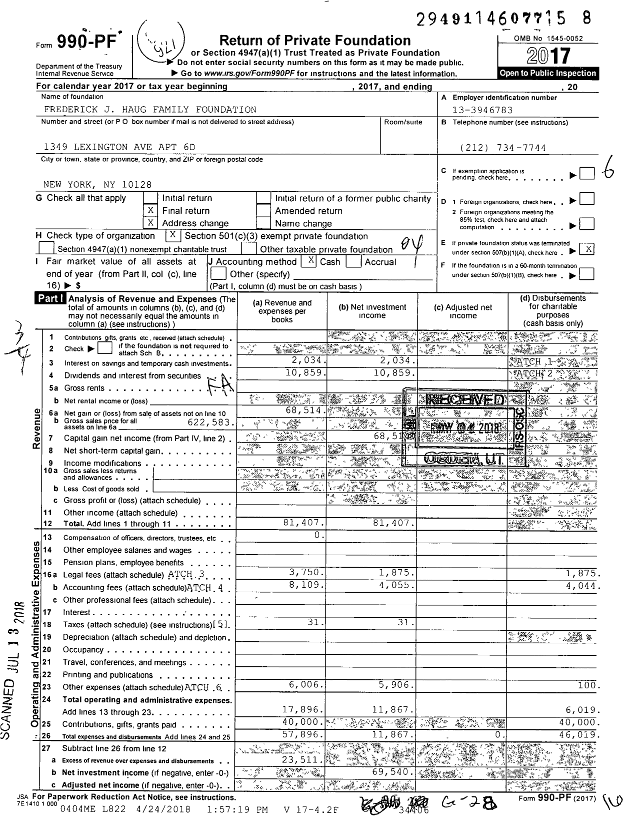 Image of first page of 2017 Form 990PF for Frederick J Haug Family Foundation