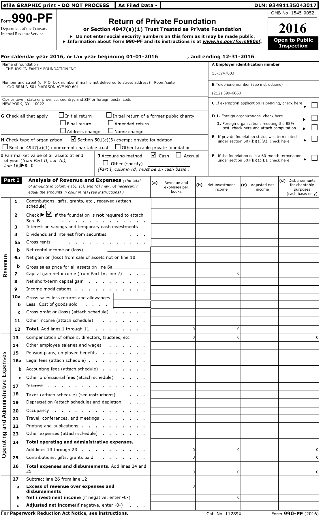 Image of first page of 2016 Form 990PF for The Joslin Family Foundation