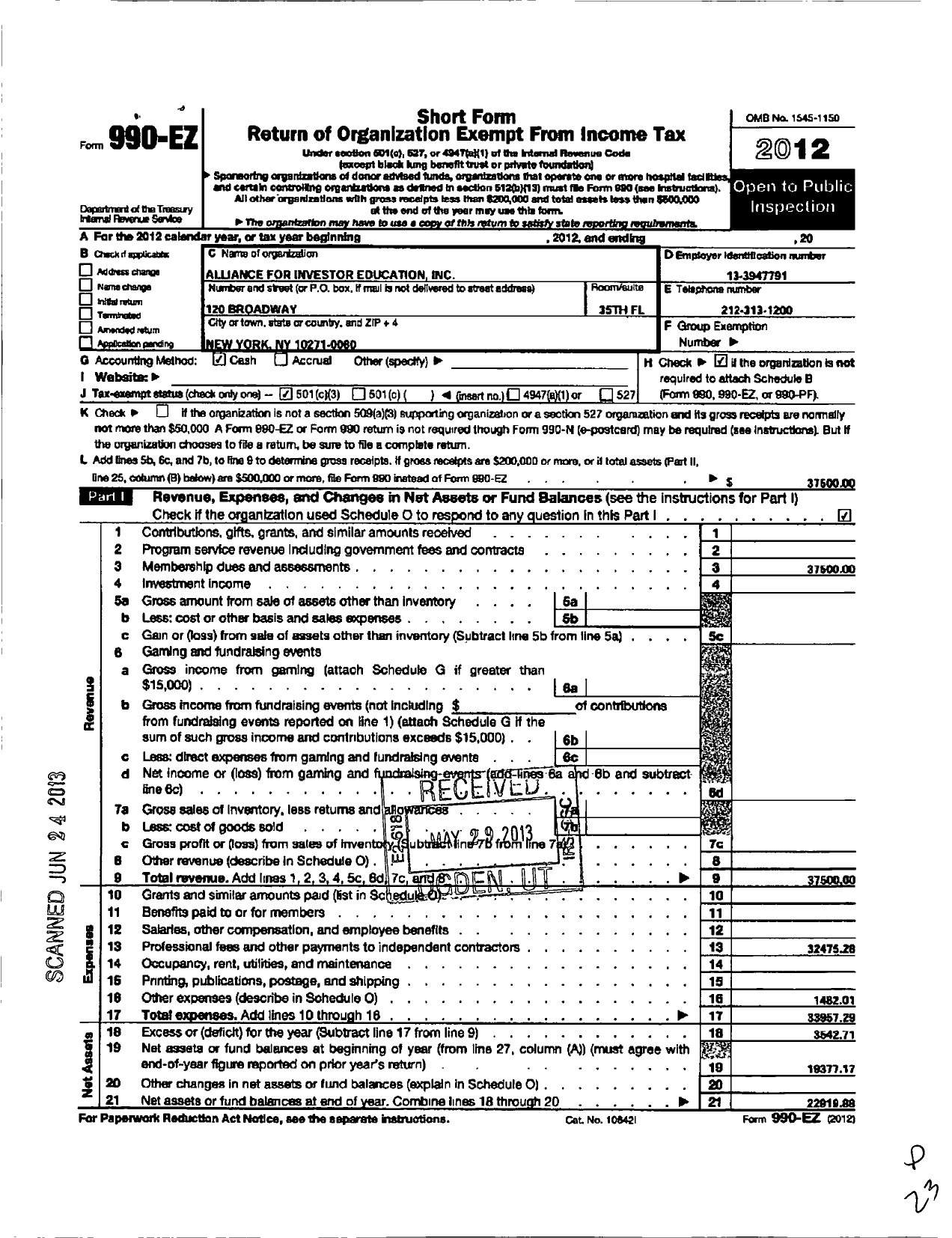 Image of first page of 2012 Form 990EZ for Alliance for Investor Education