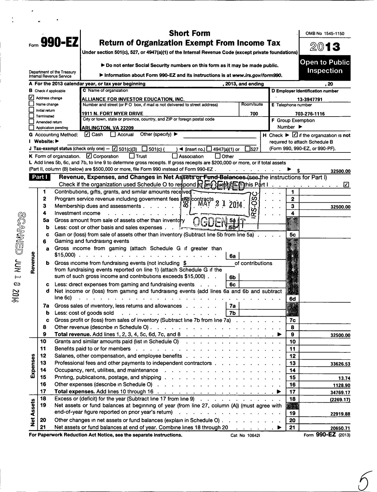 Image of first page of 2013 Form 990EZ for Alliance for Investor Education