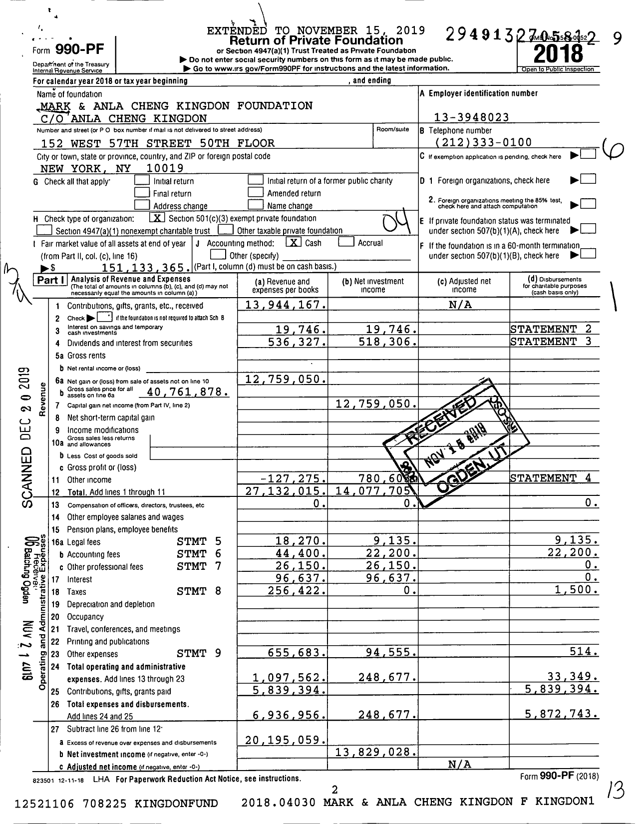 Image of first page of 2018 Form 990PF for Mark and Anla Cheng Kingdon Fund