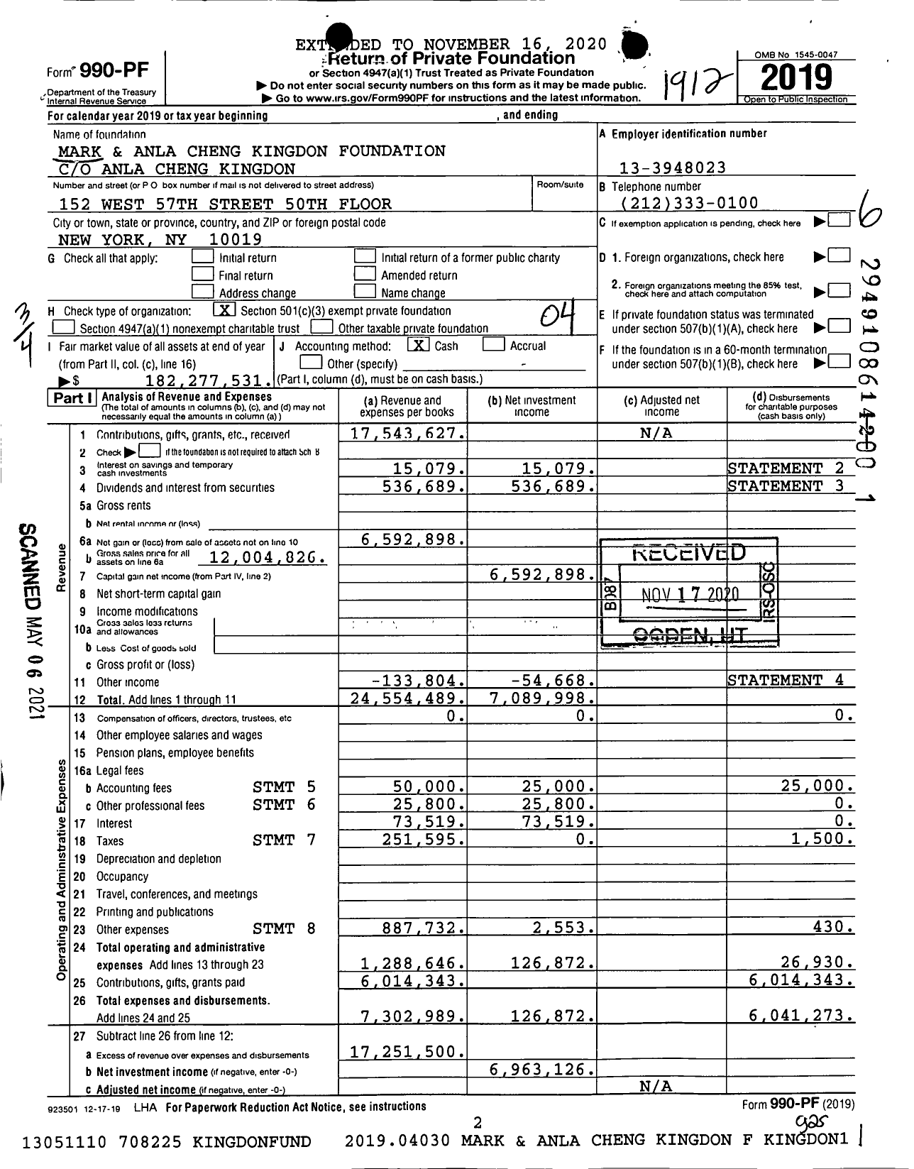 Image of first page of 2019 Form 990PF for Mark and Anla Cheng Kingdon Fund