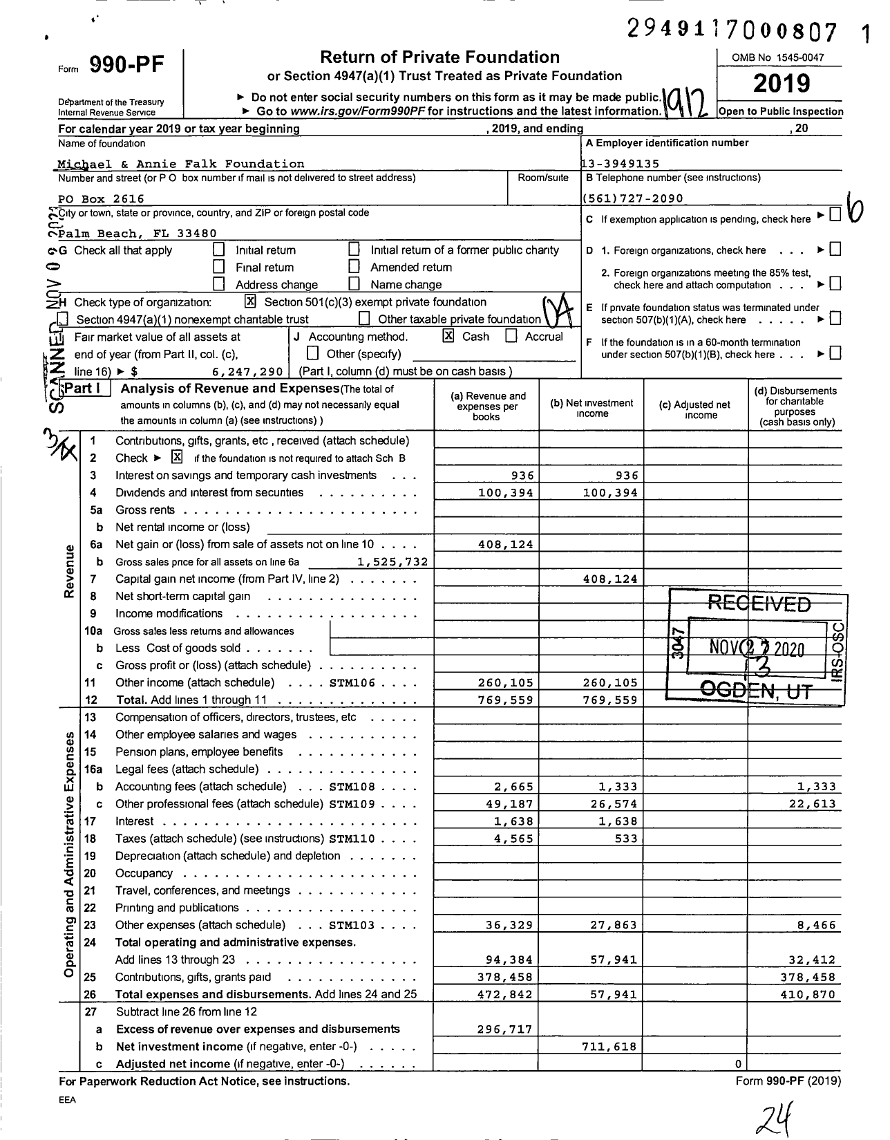 Image of first page of 2019 Form 990PF for Michael & Annie Falk Foundation