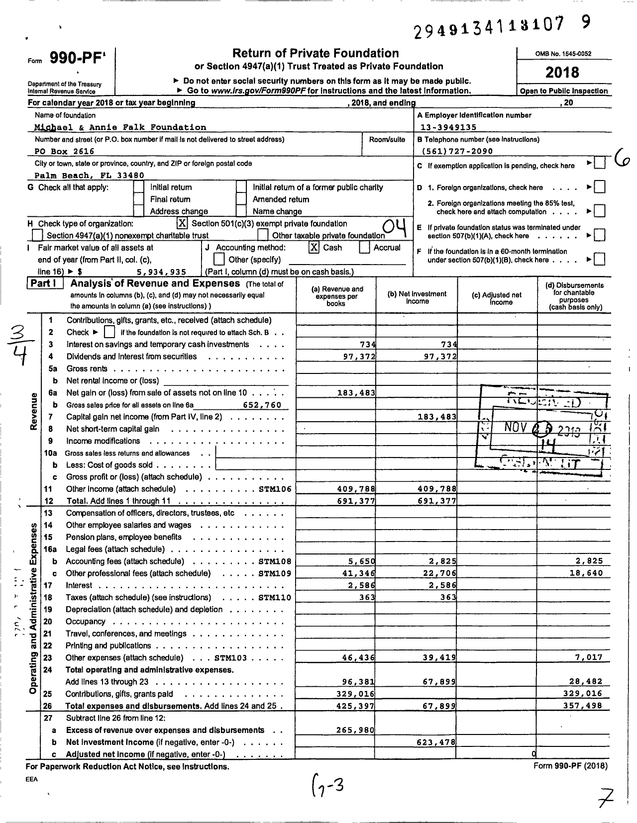 Image of first page of 2018 Form 990PF for Michael & Annie Falk Foundation