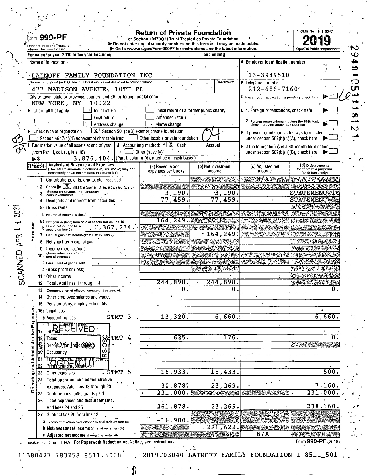 Image of first page of 2019 Form 990PF for Lainoff Family Foundation