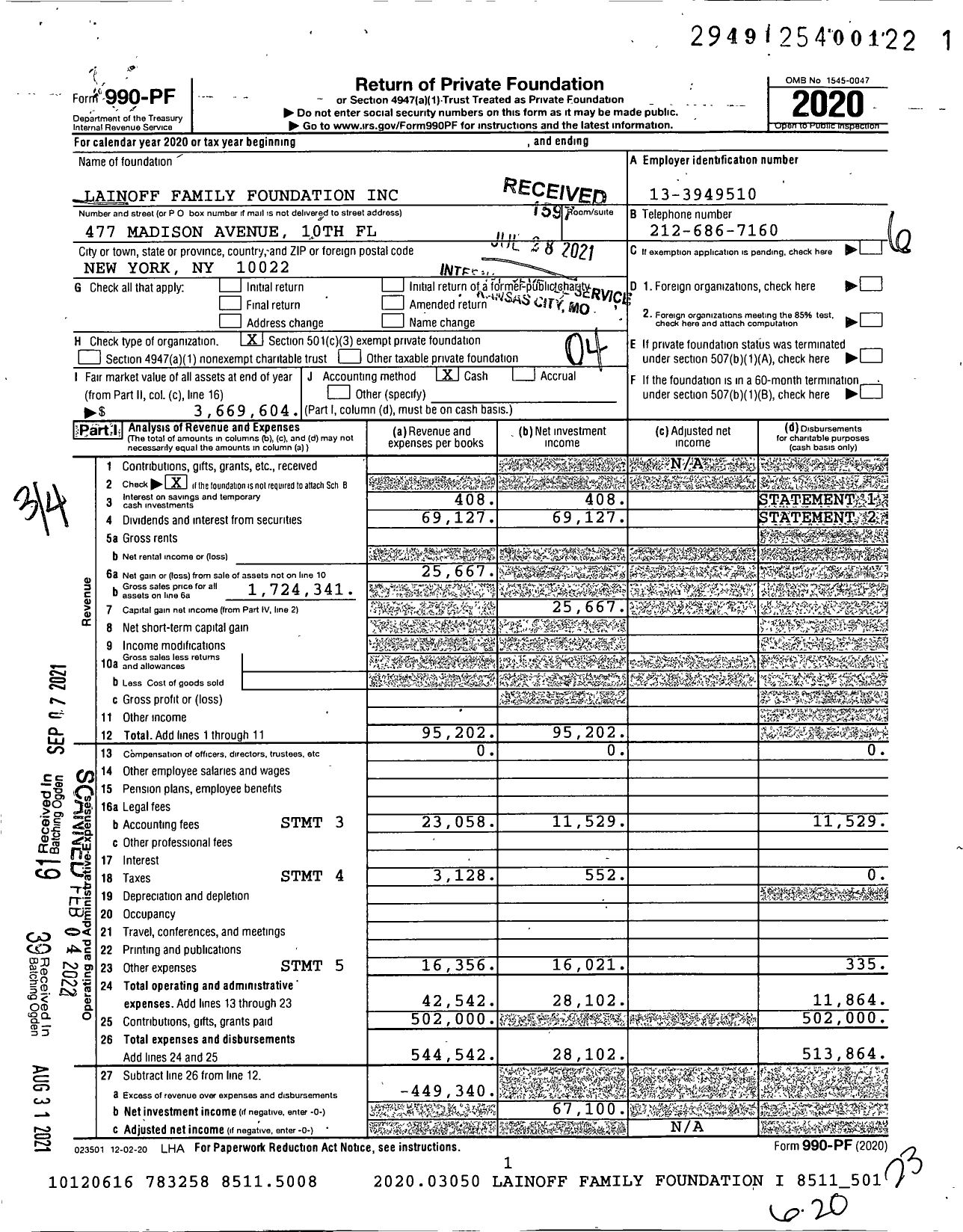 Image of first page of 2020 Form 990PF for Lainoff Family Foundation