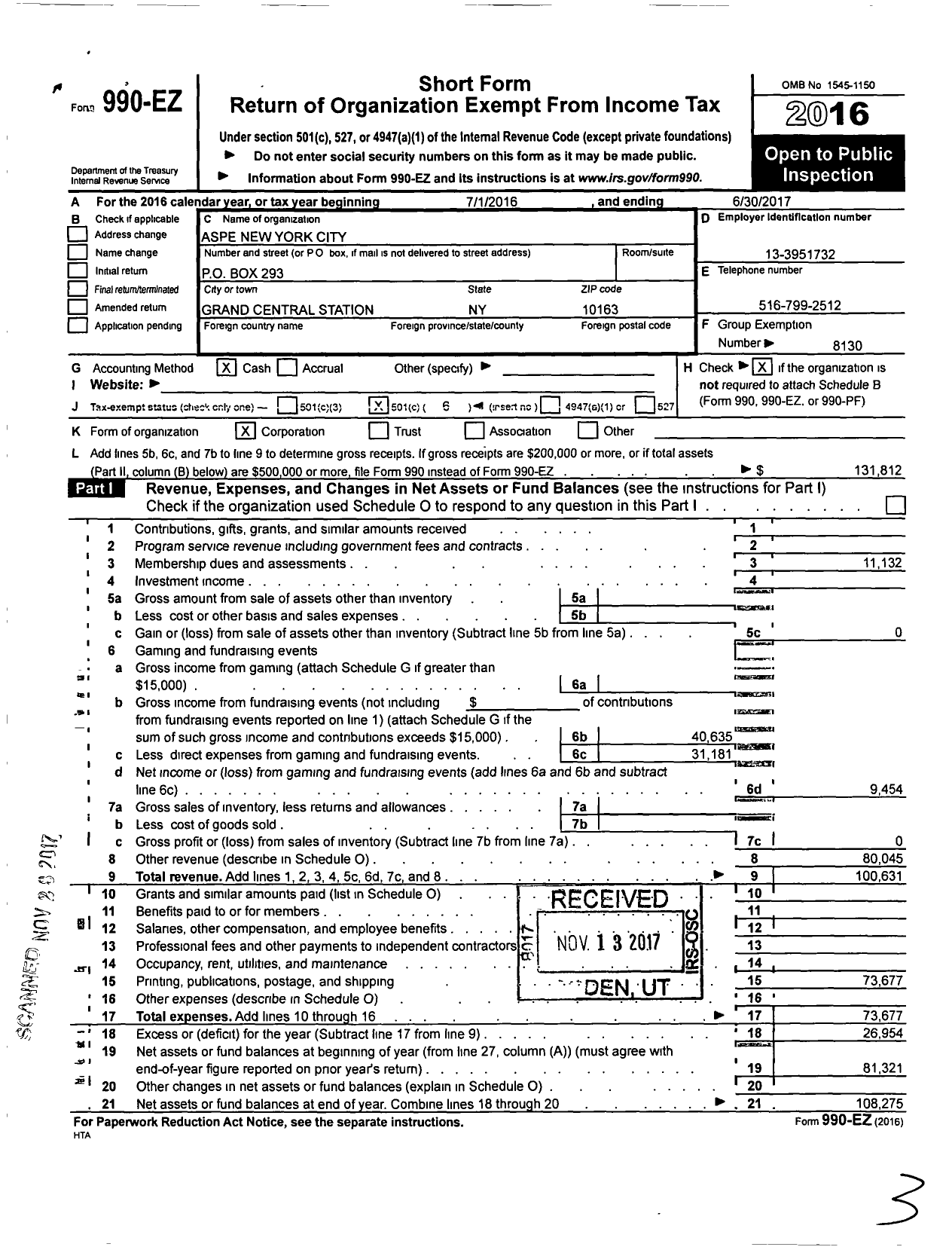 Image of first page of 2016 Form 990EO for American Society of Plumbing Engineers New York City Chapter
