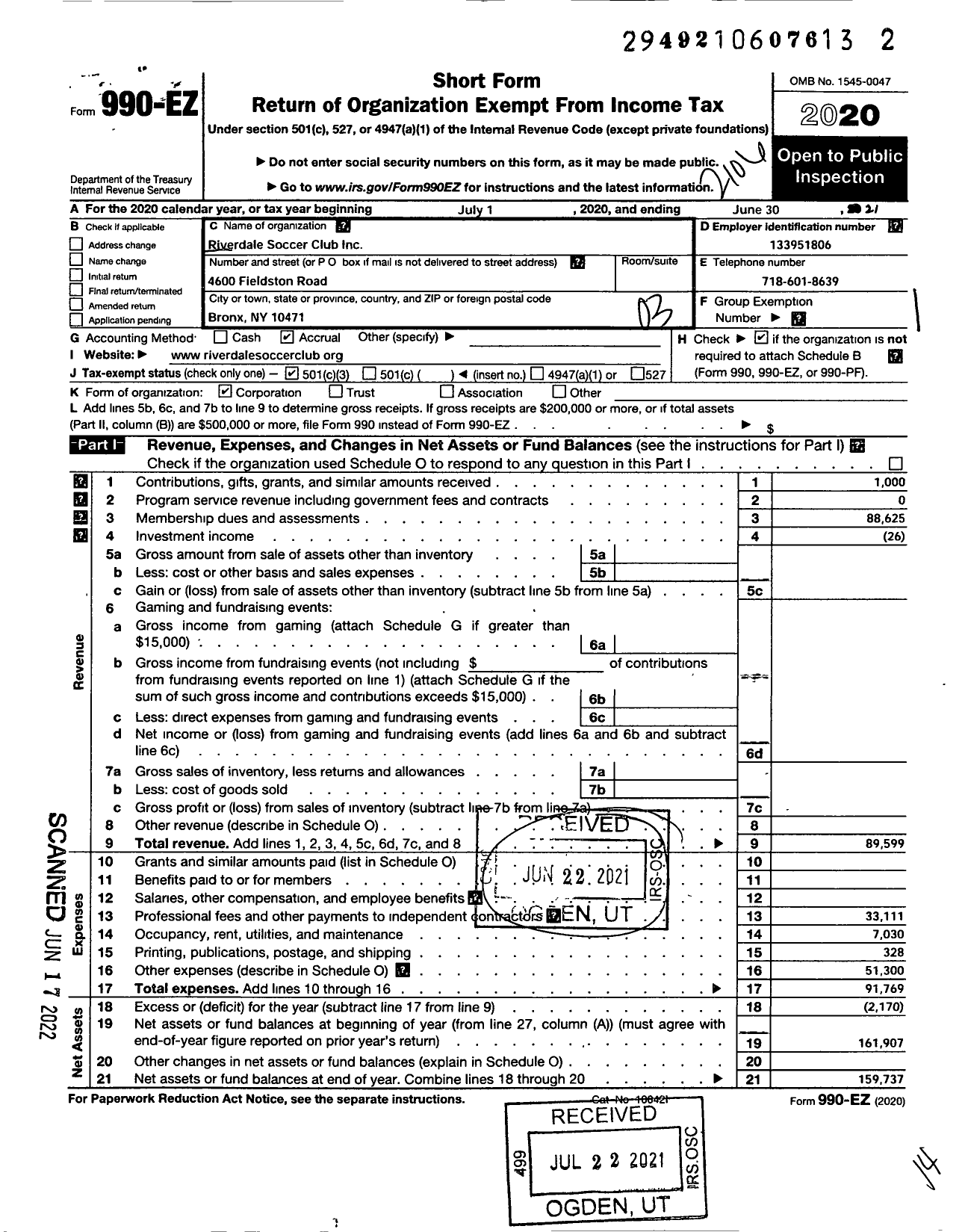 Image of first page of 2020 Form 990EZ for Riverdale Soccer Club