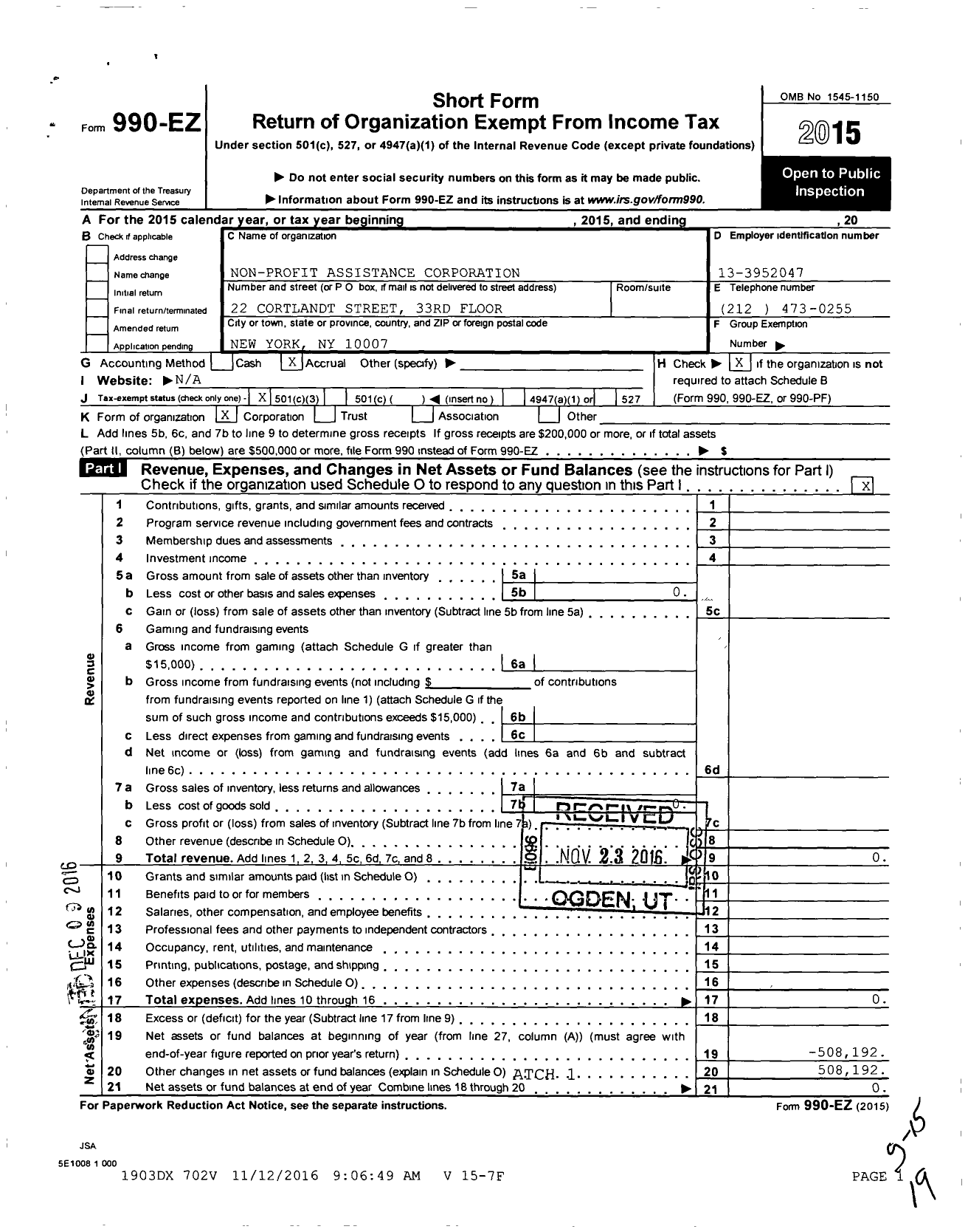 Image of first page of 2015 Form 990EZ for Non-Profit Assistance Corporation