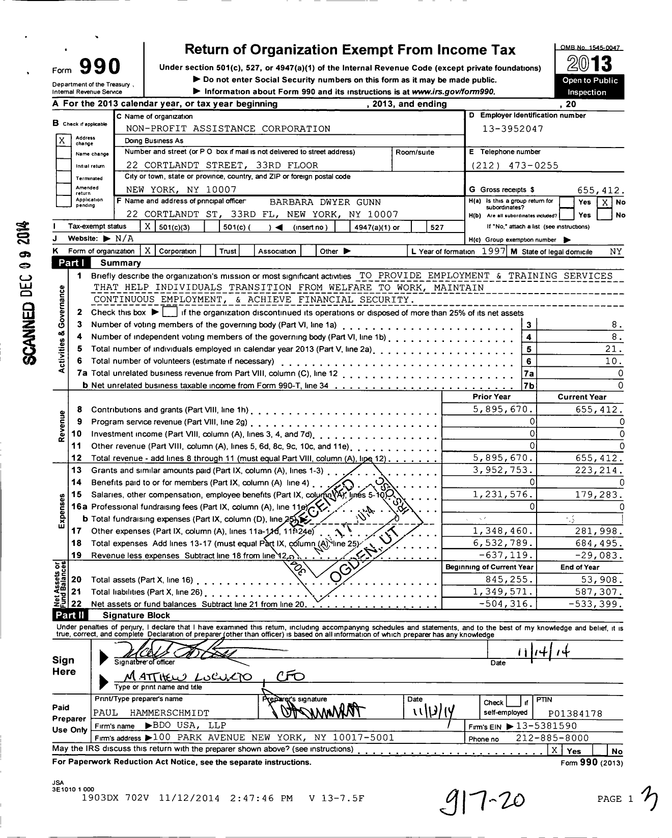 Image of first page of 2013 Form 990 for Non-Profit Assistance Corporation