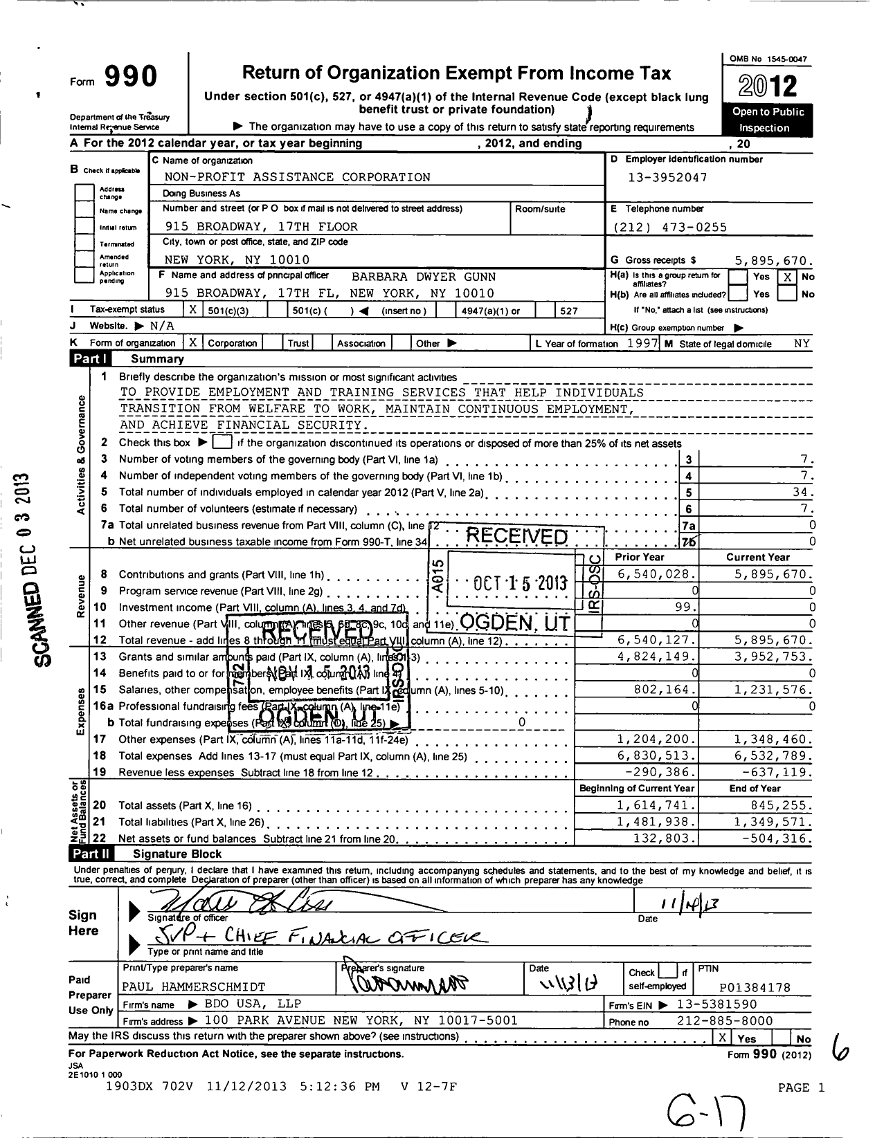 Image of first page of 2012 Form 990 for Non-Profit Assistance Corporation