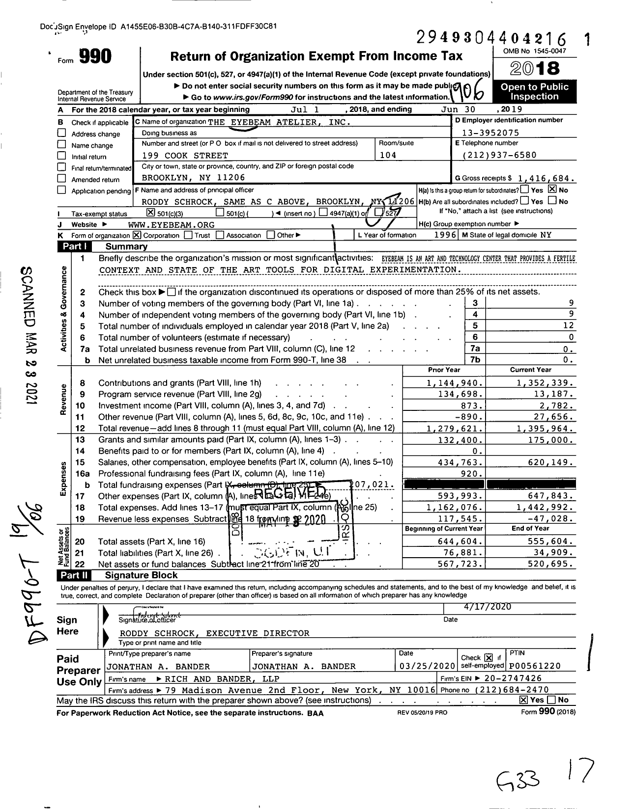 Image of first page of 2018 Form 990O for The Eyebeam Atelier