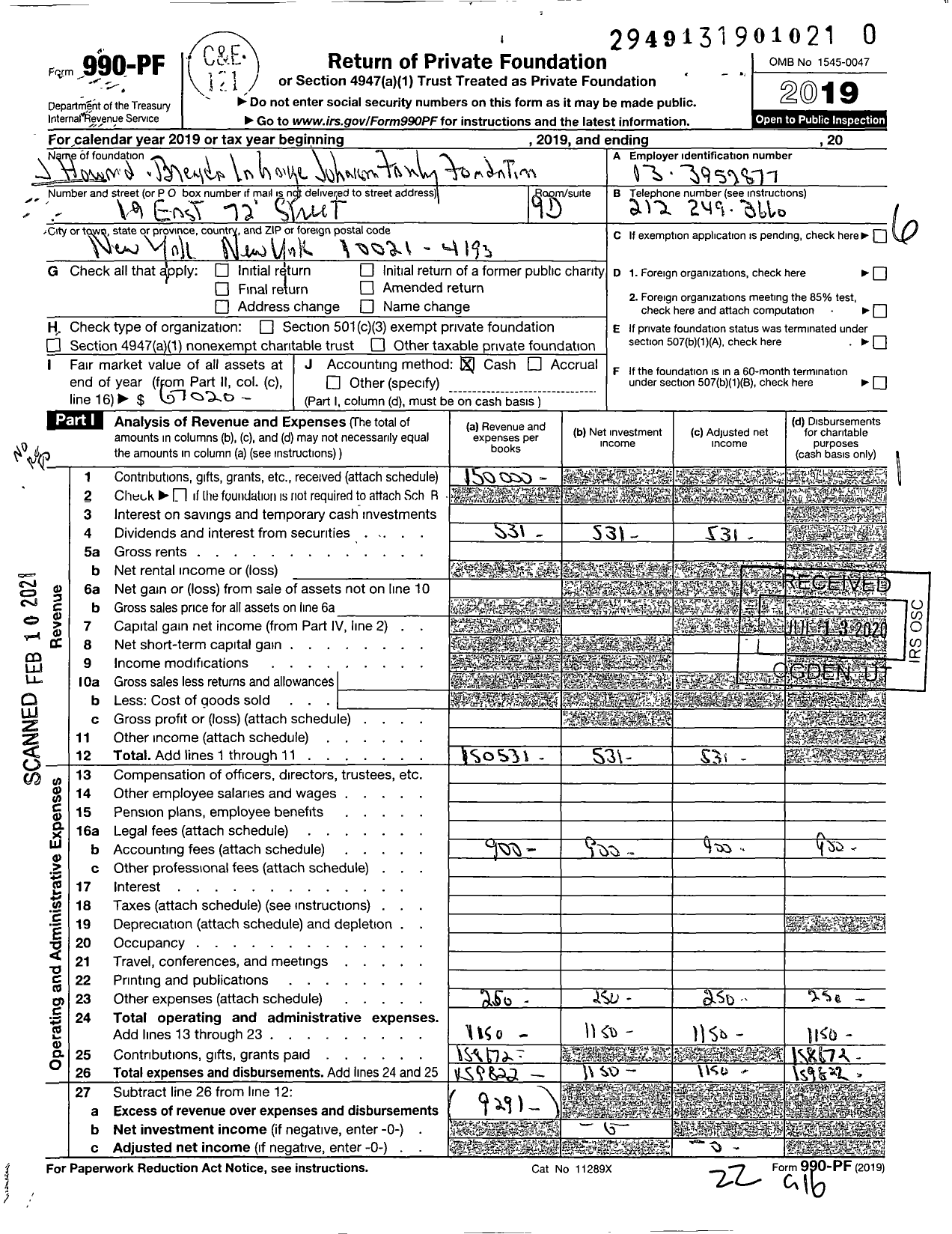 Image of first page of 2019 Form 990PF for J Howard and Brenda LaGrange Johnson Family Foundation