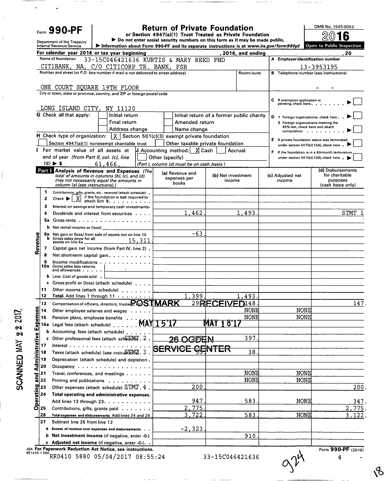 Image of first page of 2016 Form 990PF for Kurtis and Mary Reed FND Citibank Na