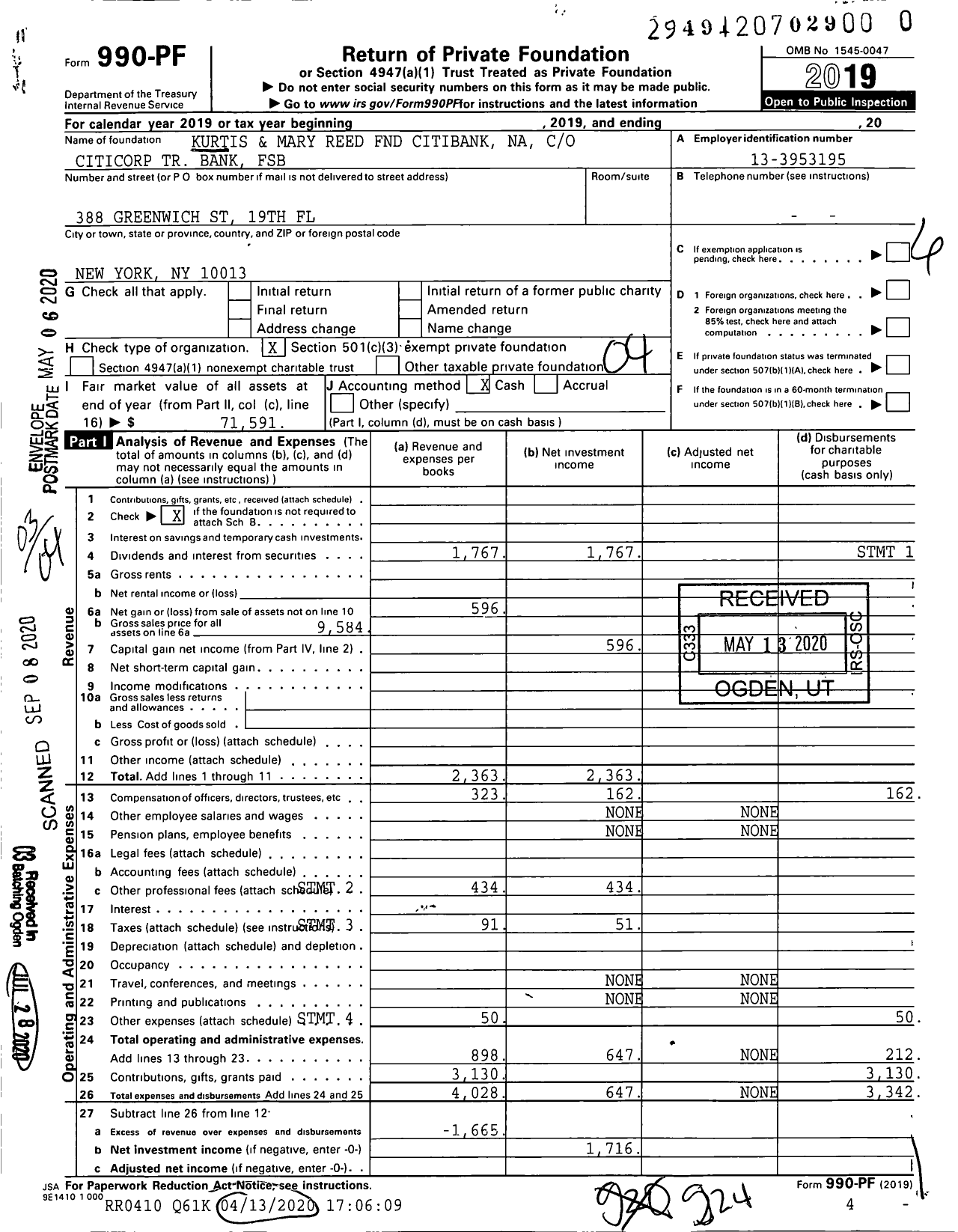 Image of first page of 2019 Form 990PR for Kurtis and Mary Reed FND Citibank Na