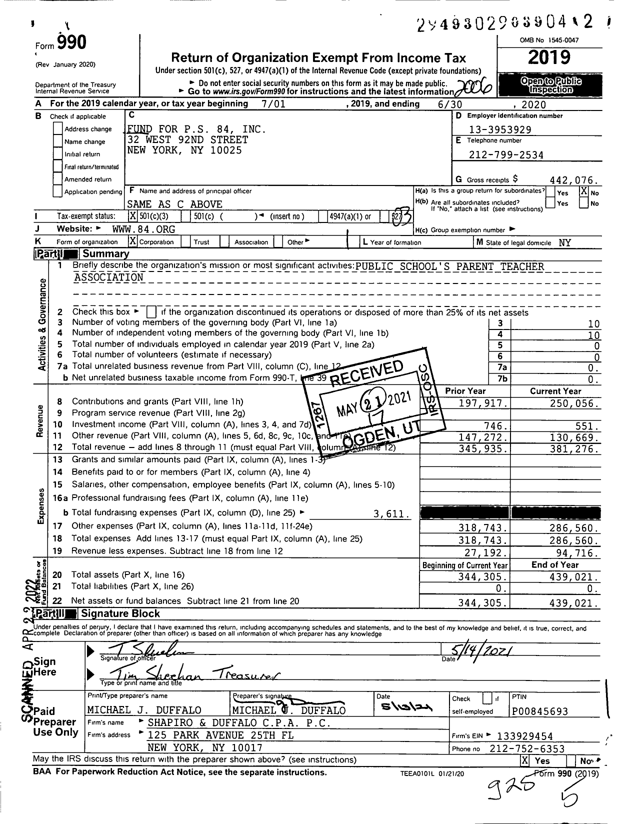 Image of first page of 2019 Form 990 for Fund for PS 84