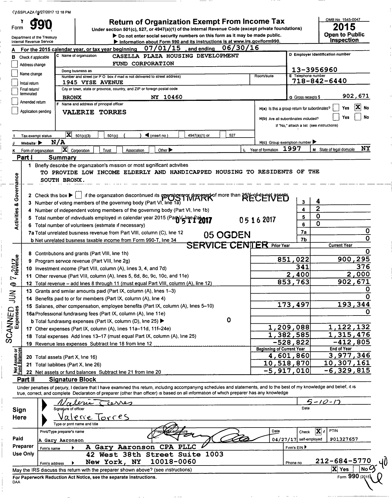 Image of first page of 2015 Form 990 for Casella Plaza Housing Development Fund Corporation