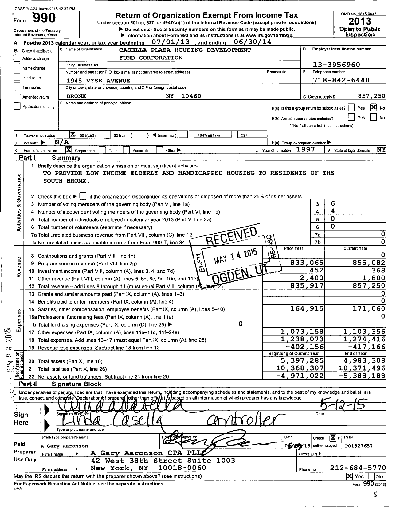 Image of first page of 2013 Form 990 for Casella Plaza Housing Development Fund Corporation