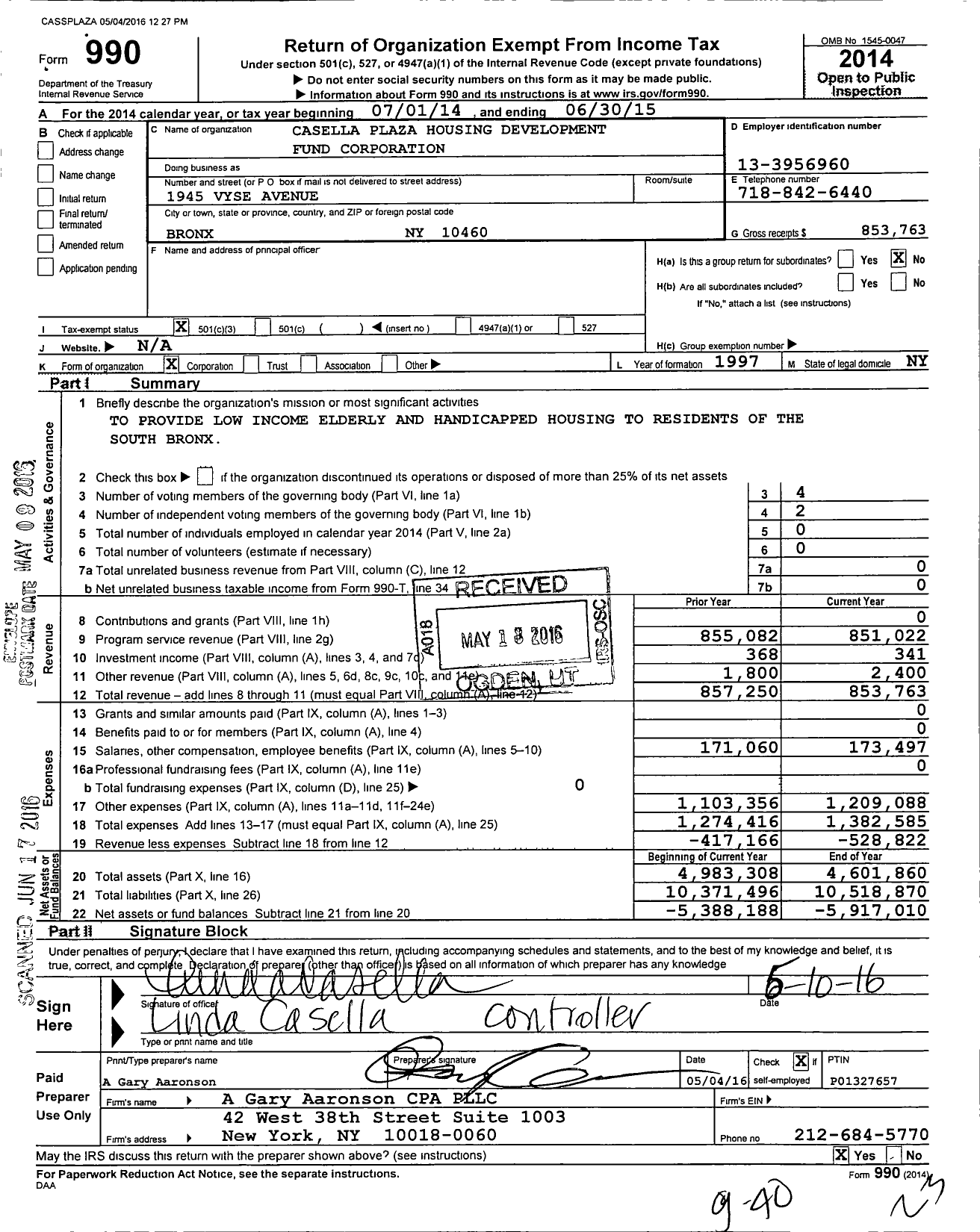 Image of first page of 2014 Form 990 for Casella Plaza Housing Development Fund Corporation
