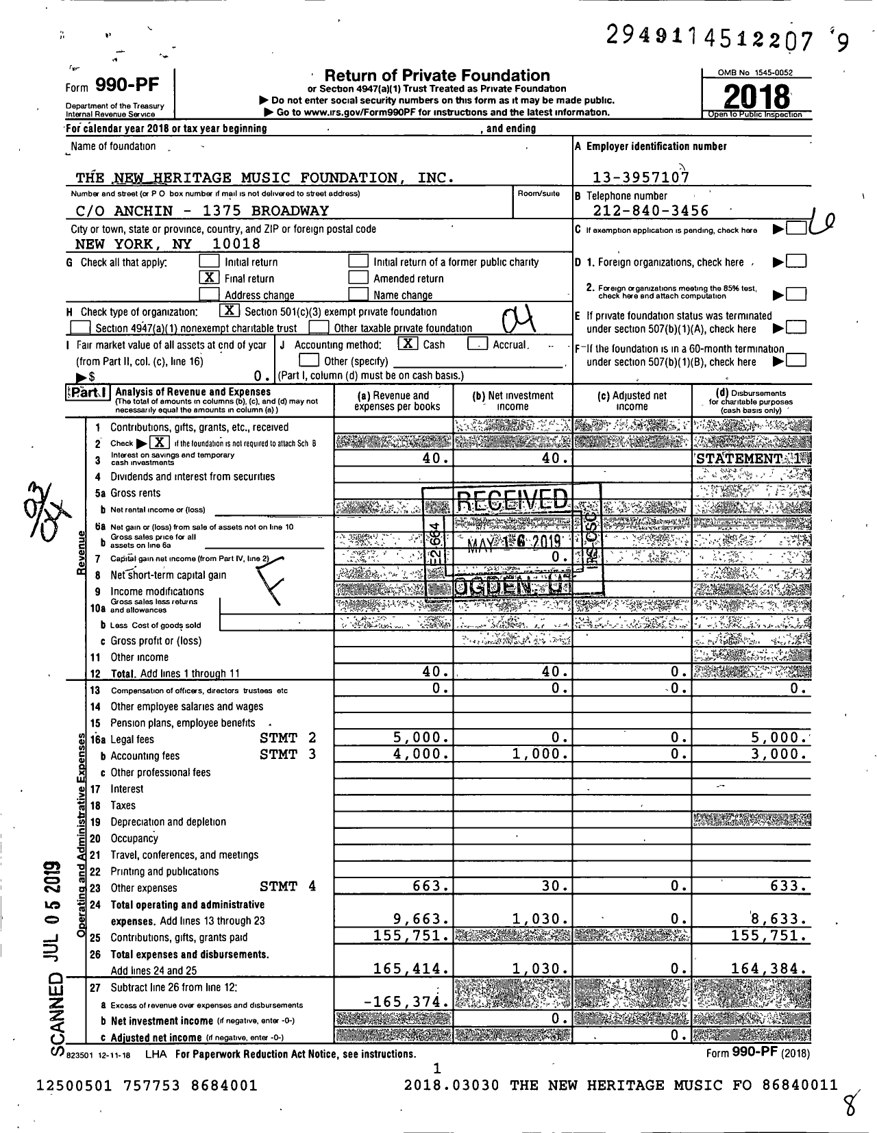 Image of first page of 2018 Form 990PF for The New Heritage Music Foundation