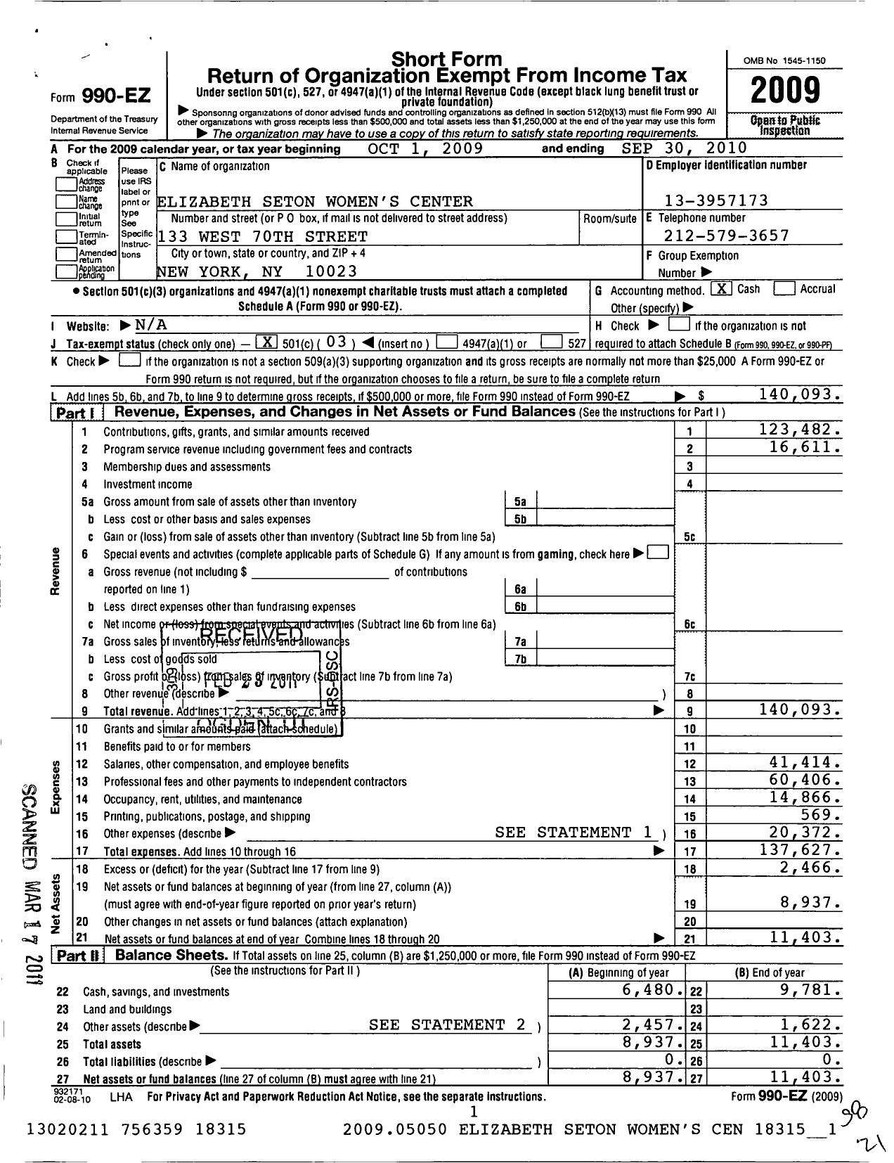 Image of first page of 2009 Form 990EZ for Seton Ministries