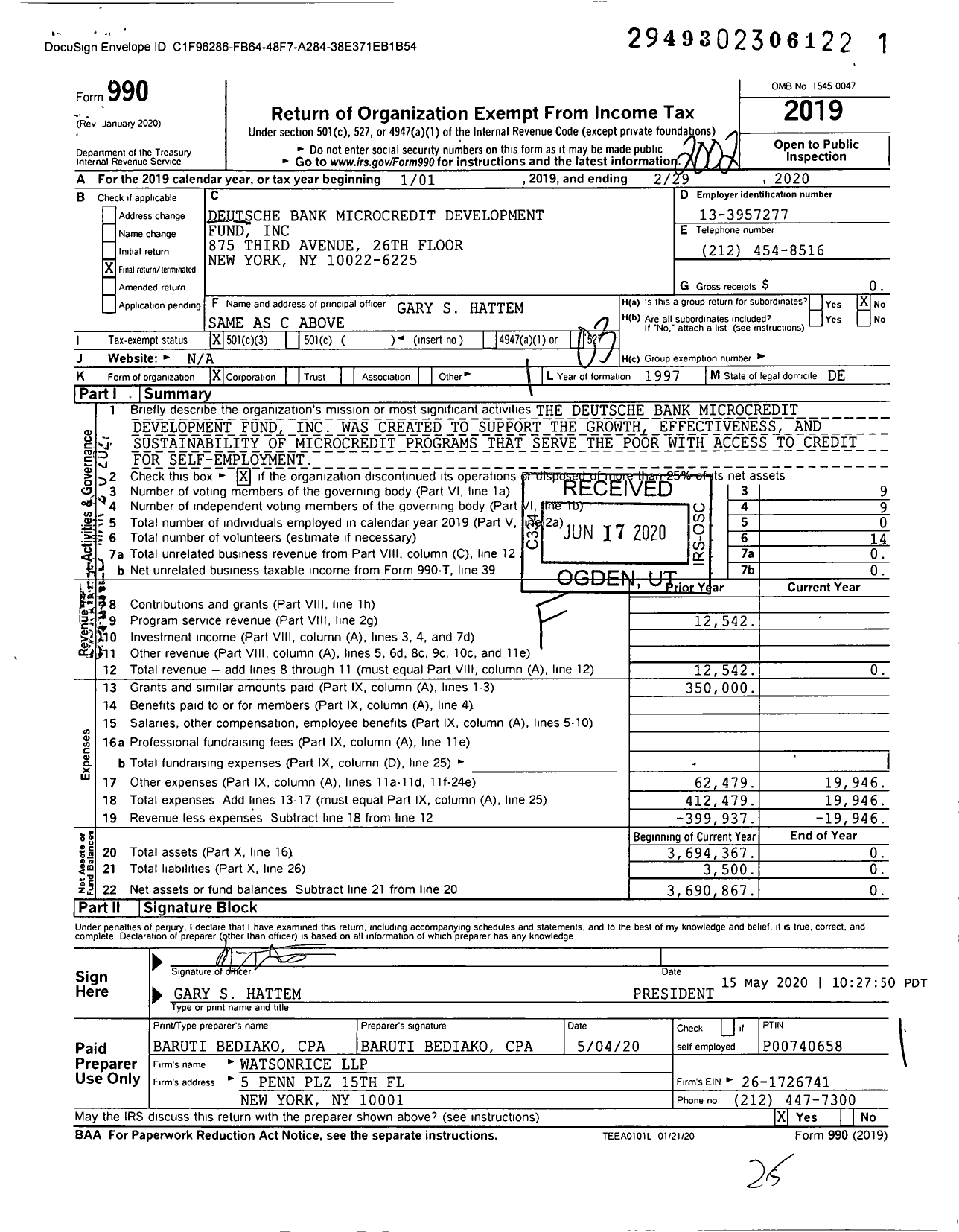 Image of first page of 2019 Form 990 for Deutsche Bank Microcredit Development Fund