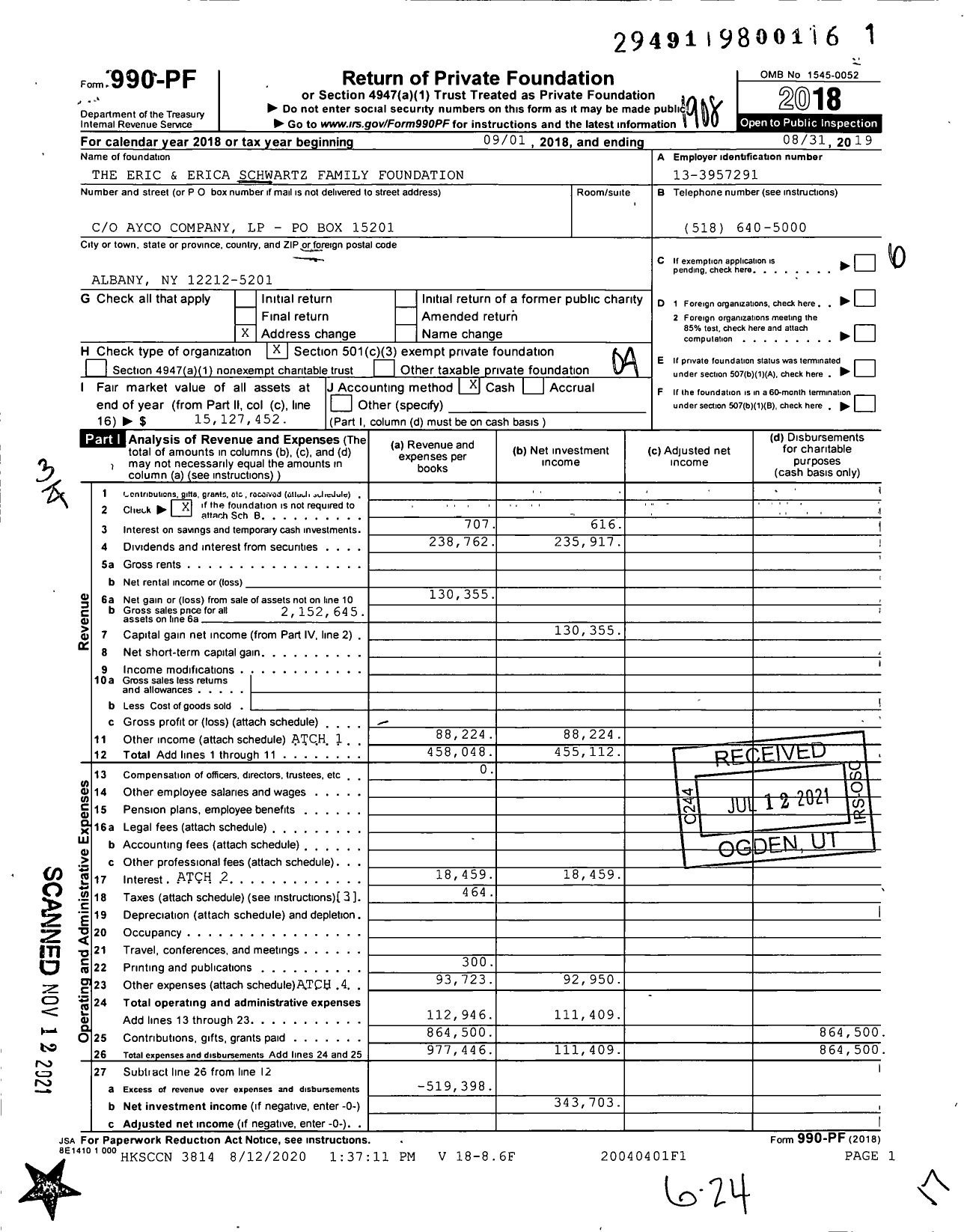 Image of first page of 2018 Form 990PF for The Eric and Erica Schwartz Family Foundation