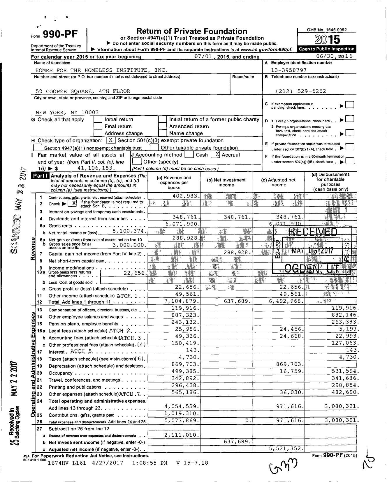 Image of first page of 2015 Form 990PF for Homes for the Homeless Institute (HFH)