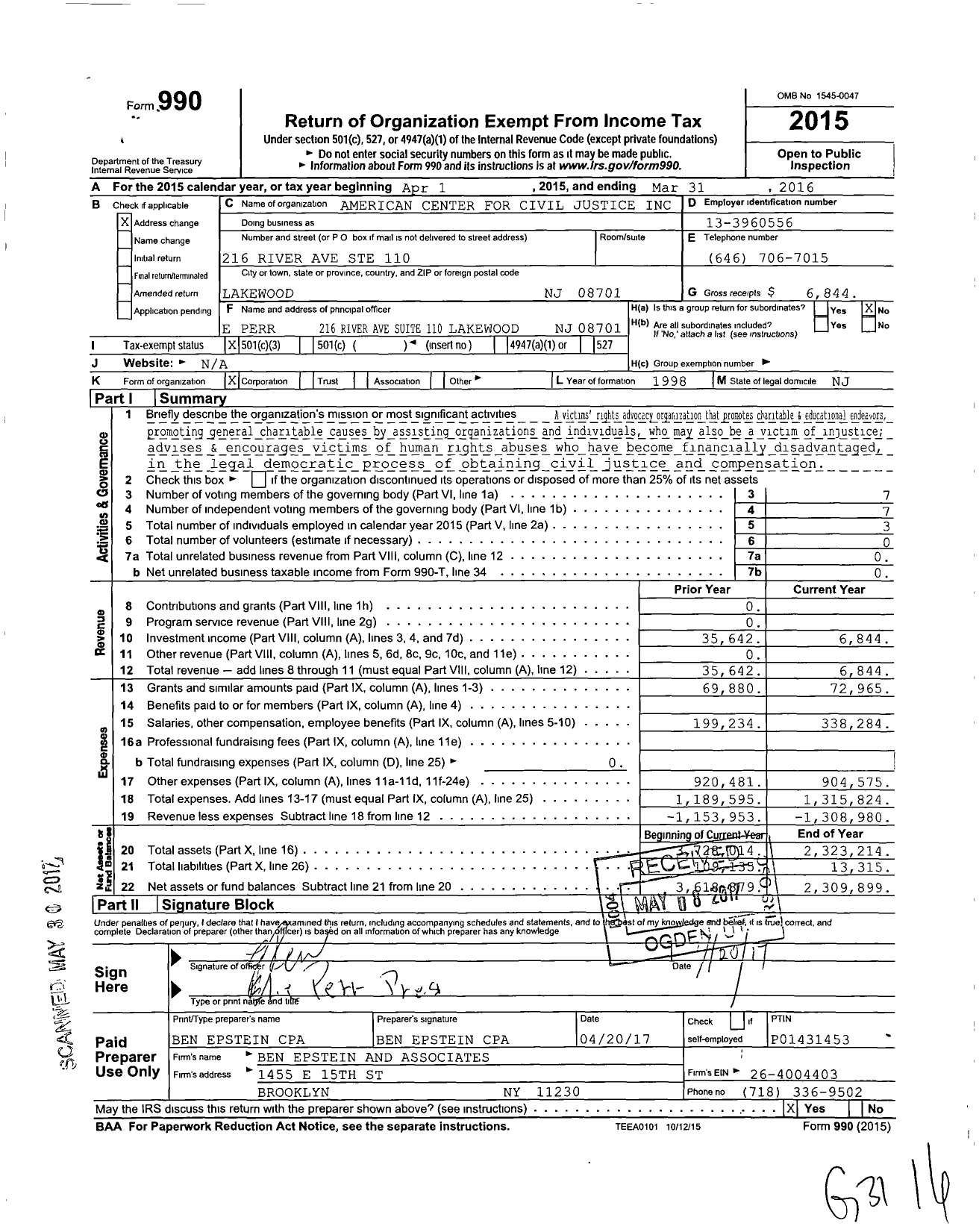 Image of first page of 2015 Form 990 for American Center for Civil Justice