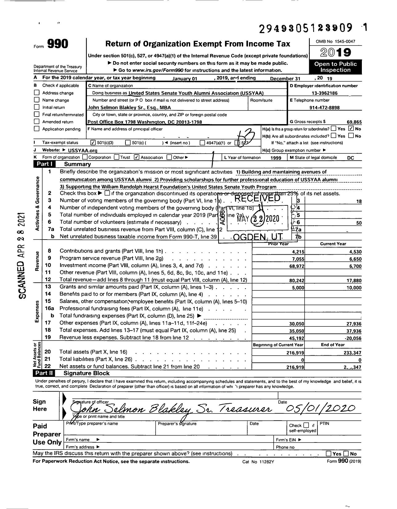 Image of first page of 2019 Form 990 for United States Senate Youth Alumni Association