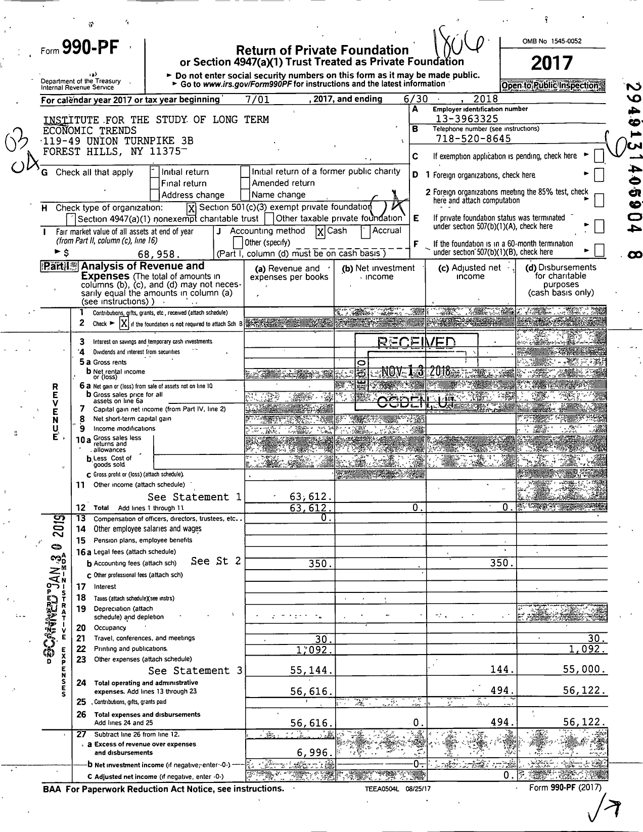 Image of first page of 2017 Form 990PF for Institute for the Study of Long Term Economic Trends