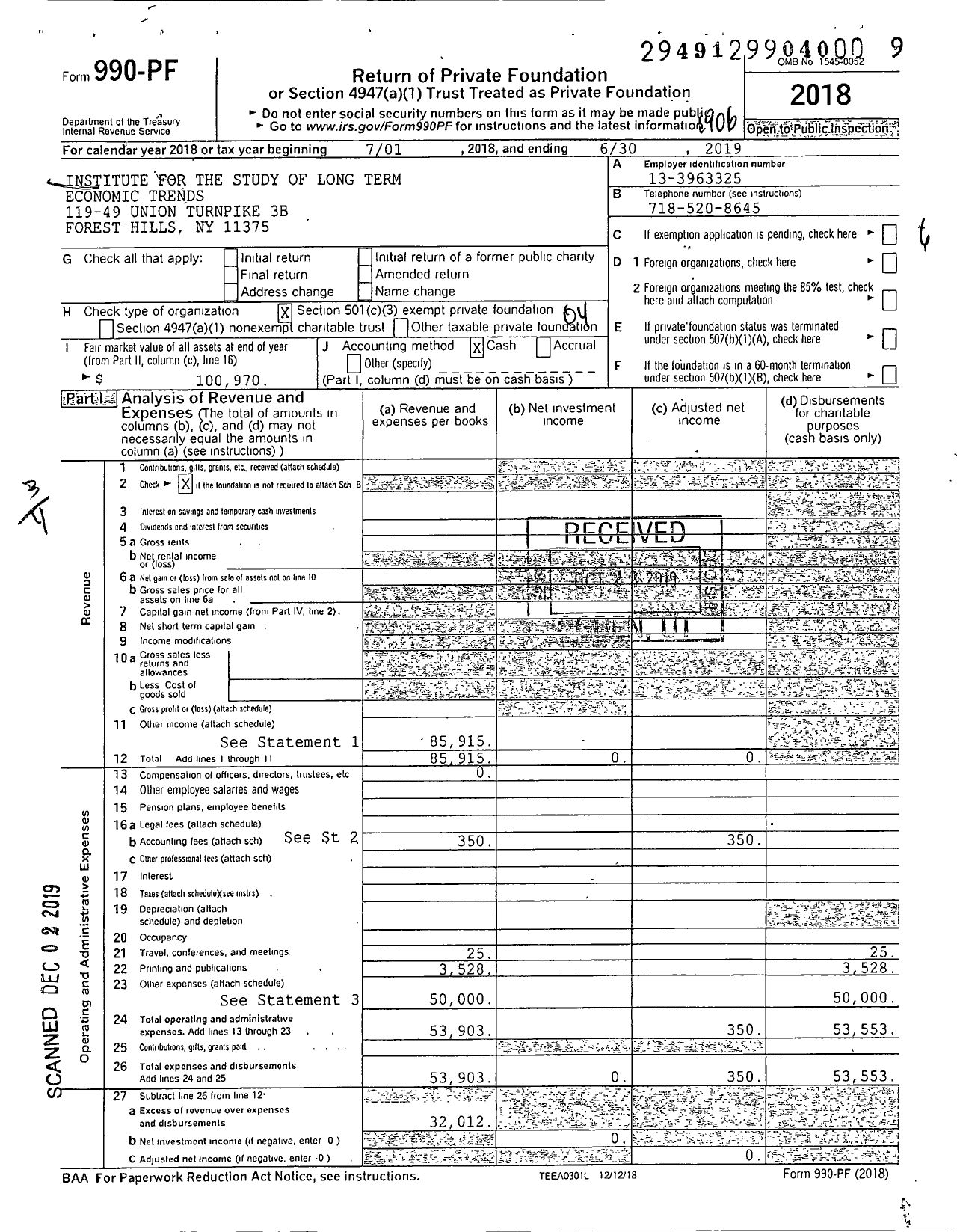 Image of first page of 2018 Form 990PF for Institute for the Study of Long Term Economic Trends