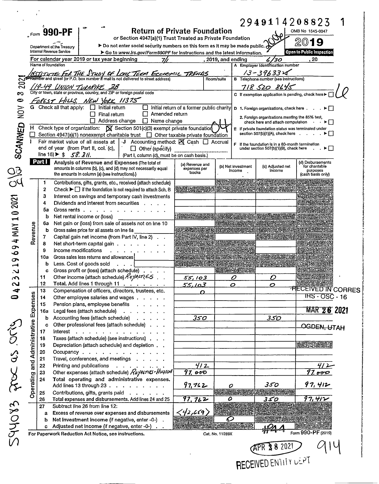 Image of first page of 2019 Form 990PF for Institute for the Study of Long Term Economic Trends