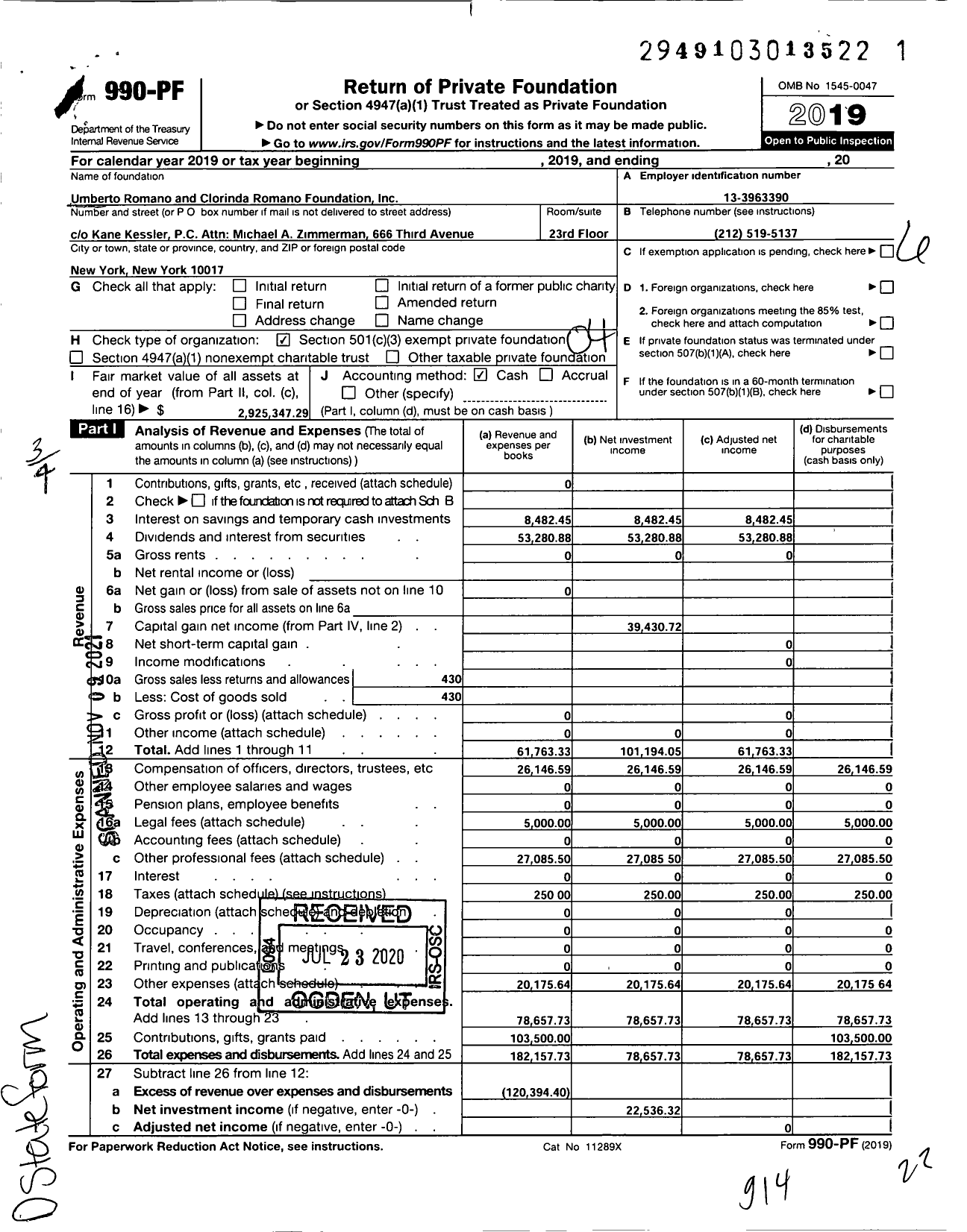 Image of first page of 2019 Form 990PF for Umberto Romano and Clorinda Romano Foundation