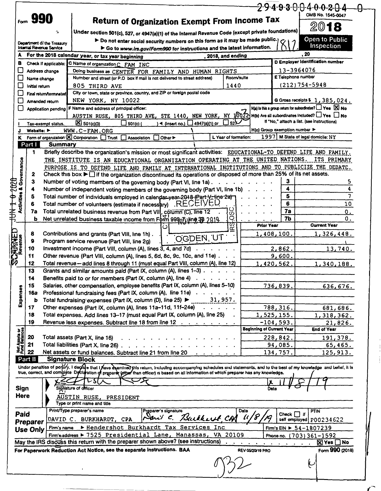 Image of first page of 2018 Form 990 for Center for Family and Human Rights