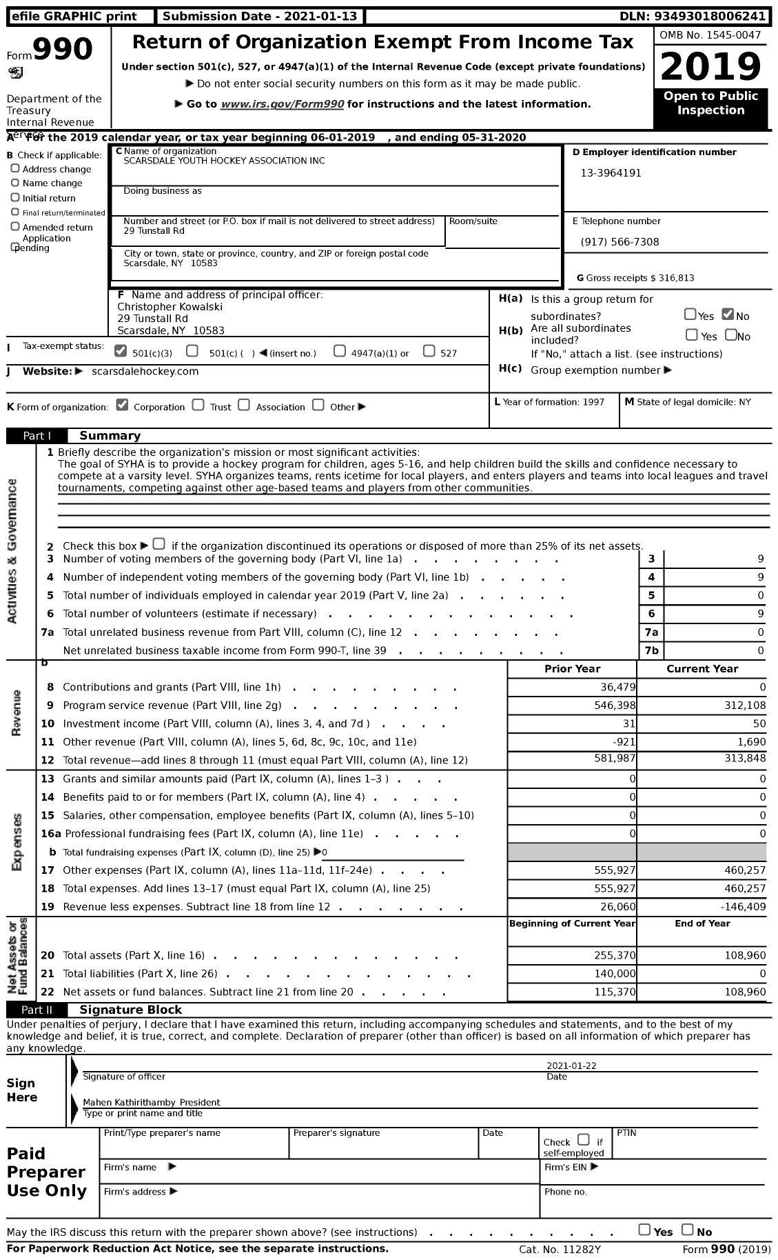 Image of first page of 2019 Form 990 for Scarsdale Youth Hockey Association