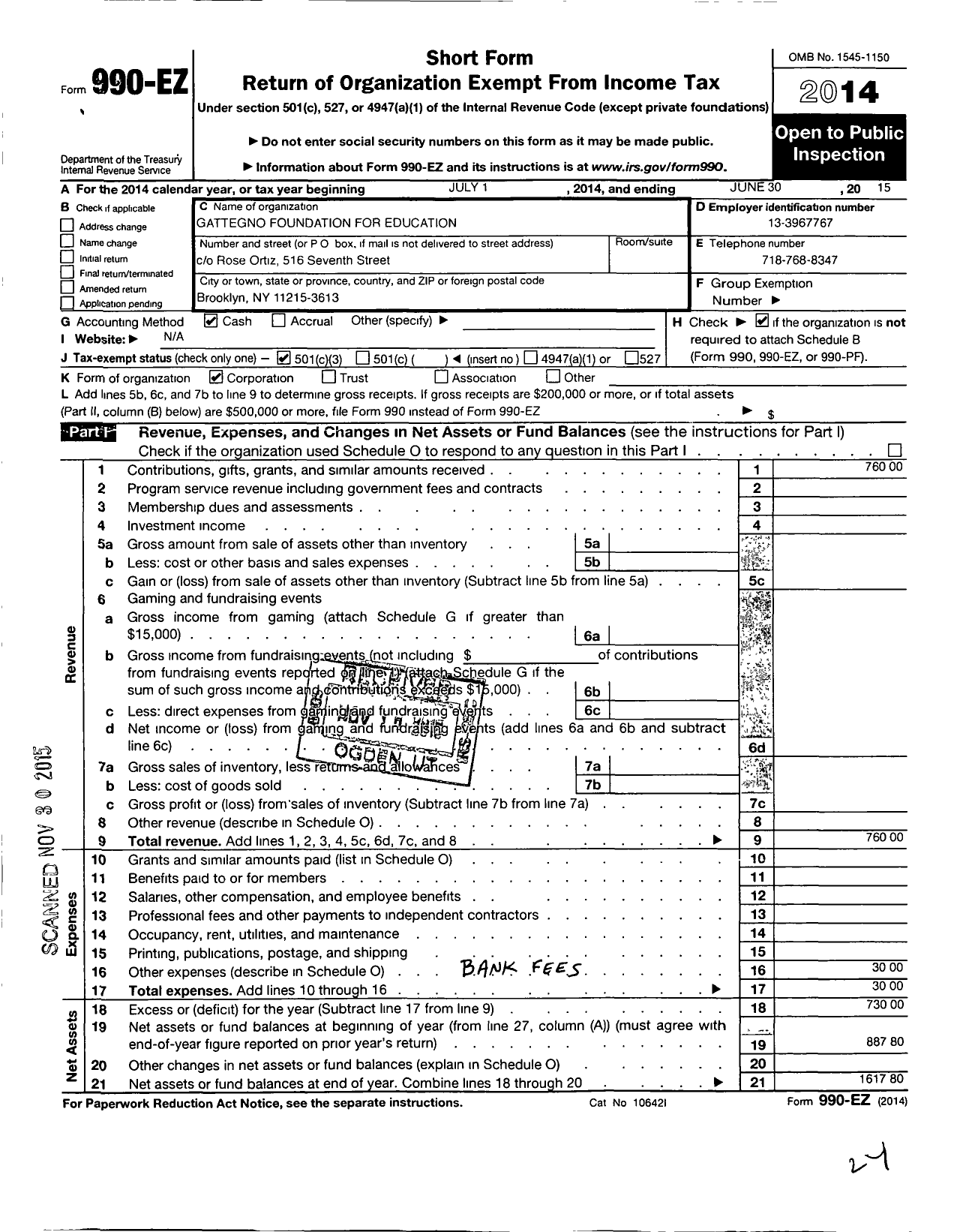 Image of first page of 2014 Form 990EZ for Gattegno Foundation for Education