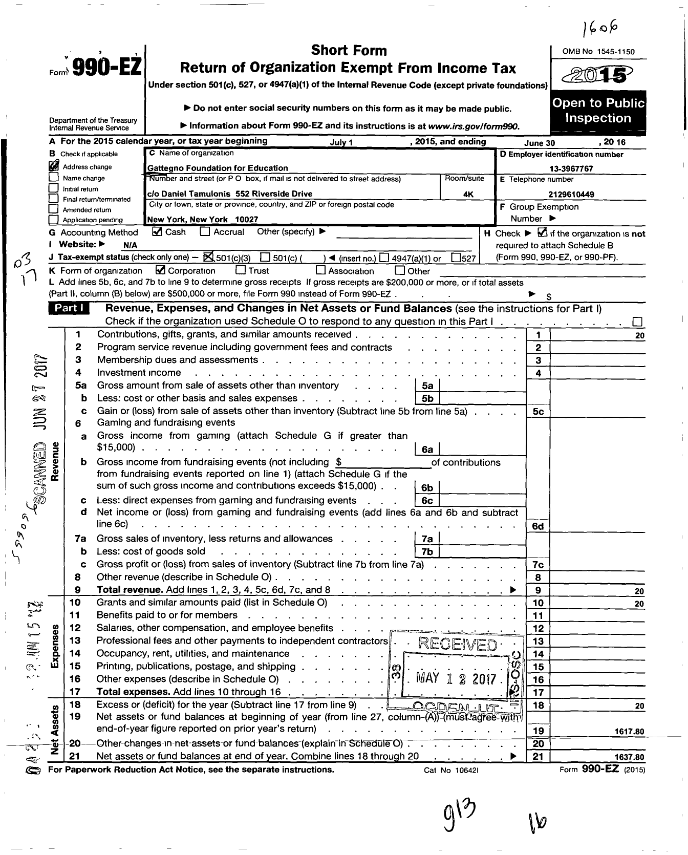 Image of first page of 2015 Form 990EZ for Gattegno Foundation for Education